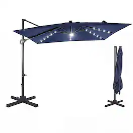 Gymax - Cantilever Patio Umbrella w/ Solar LED Lights Square Offset Hanging Umbrella Navy - Blue