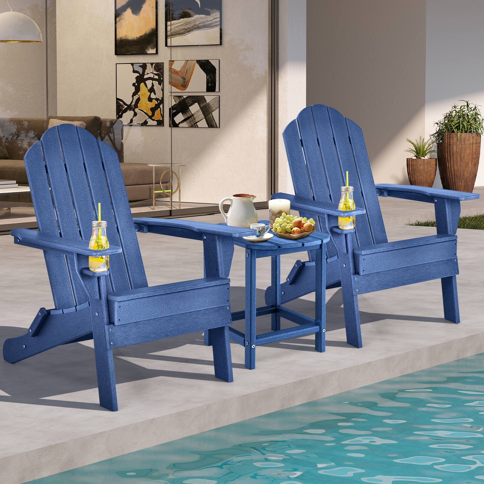 Alt View 1. Gymax - Gymax 3 PCS Patio Folding Adirondack Chair Side Table Cup Holder HDPE Navy - Navy.