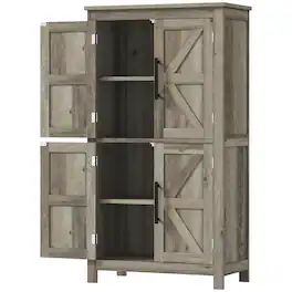 Homcom - Floor Storage Cabinet, Farmhouse Bathroom Cabinet with 4 Doors and Adjustable Shelf - Light Gray