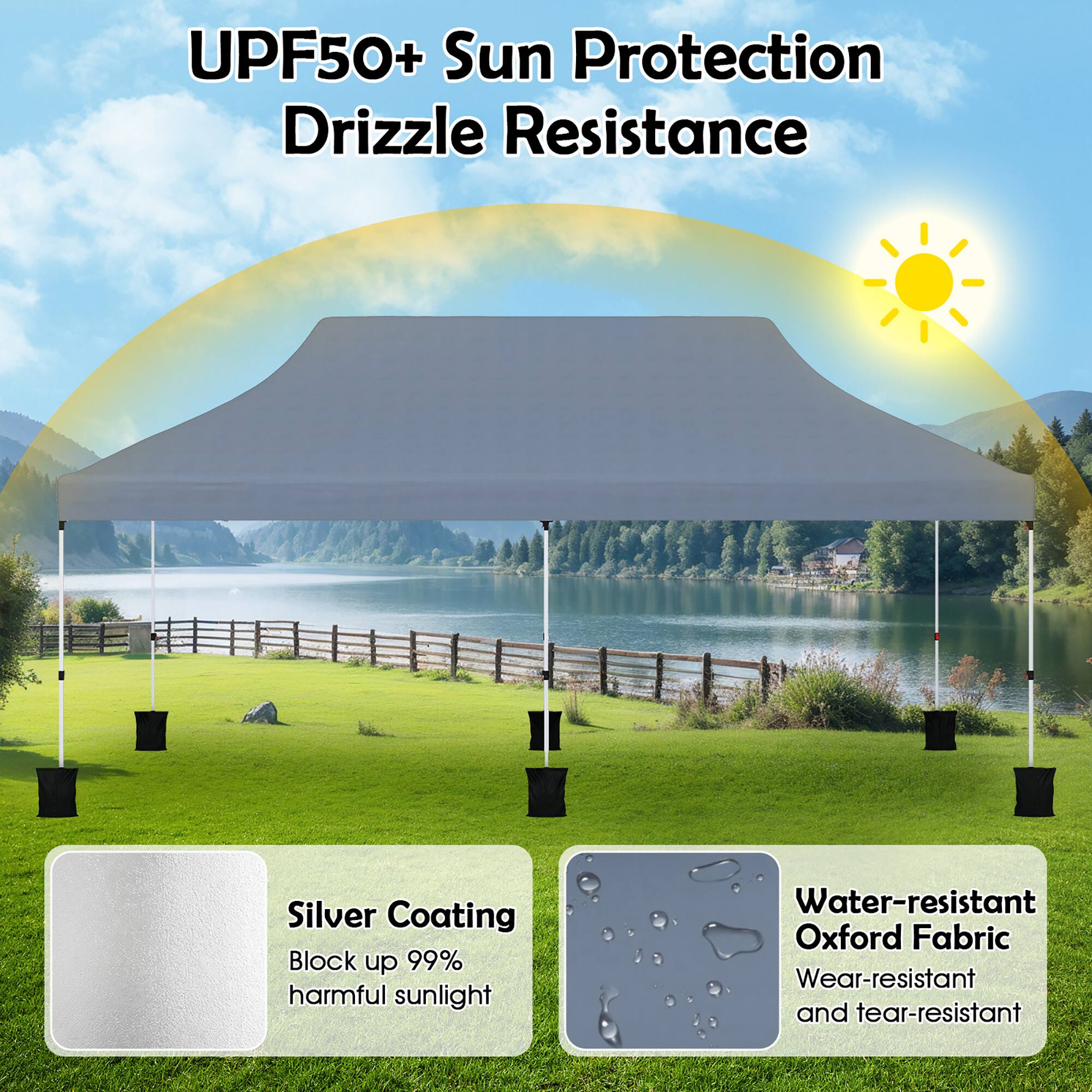 UPF50+ Sun Protection, Drizzle Resistance, Silver Coating, Block up to 99% harmful sunlight, Water-resistant Oxford Fabric, Wear-resistant and tear-resistant.