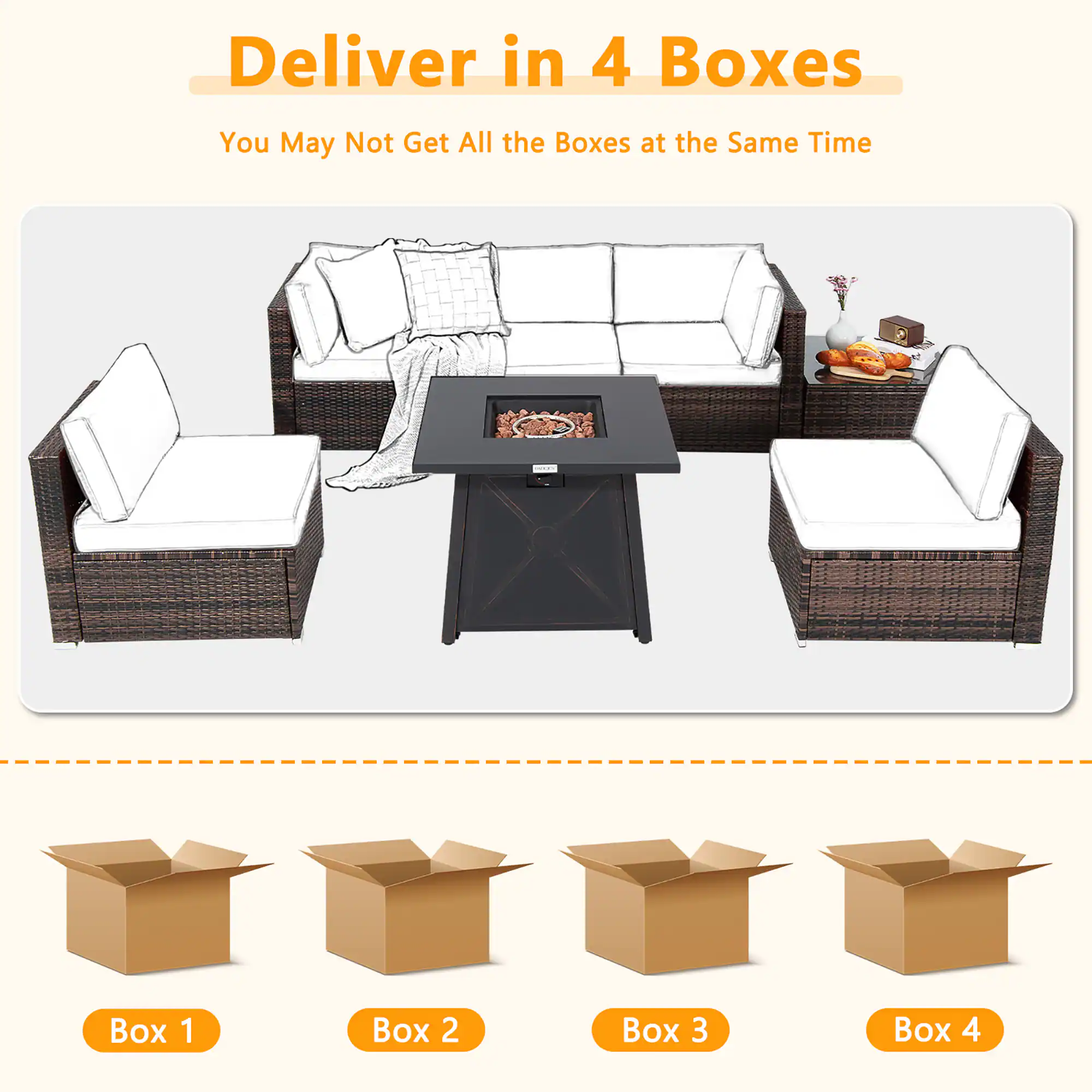 Deliver in 4 Boxes  
You May Not Get All the Boxes at the Same Time  

Box 1  
Box 2  
Box 3  
Box 4