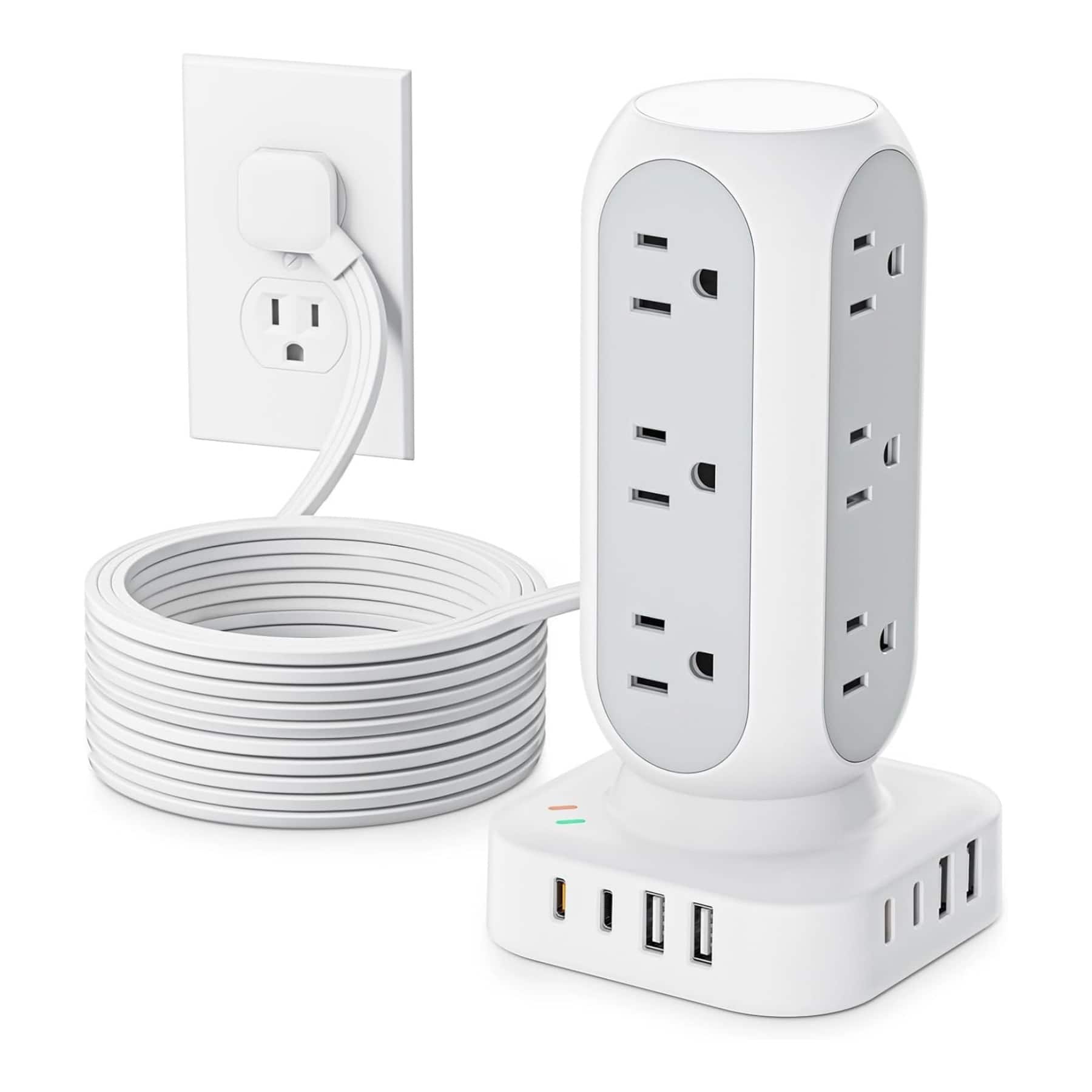 Dazzed Corner - Flat Plug Power Strip Tower 10FT, Long Extension Cord - White