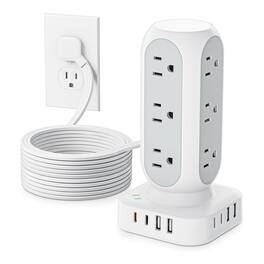 Dazzed Corner - Flat Plug Power Strip Tower 10FT, Long Extension Cord - White