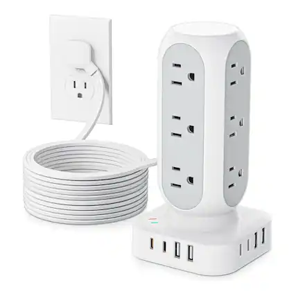 Front. Dazzed Corner - Flat Plug Power Strip Tower 10FT, Long Extension Cord - White.