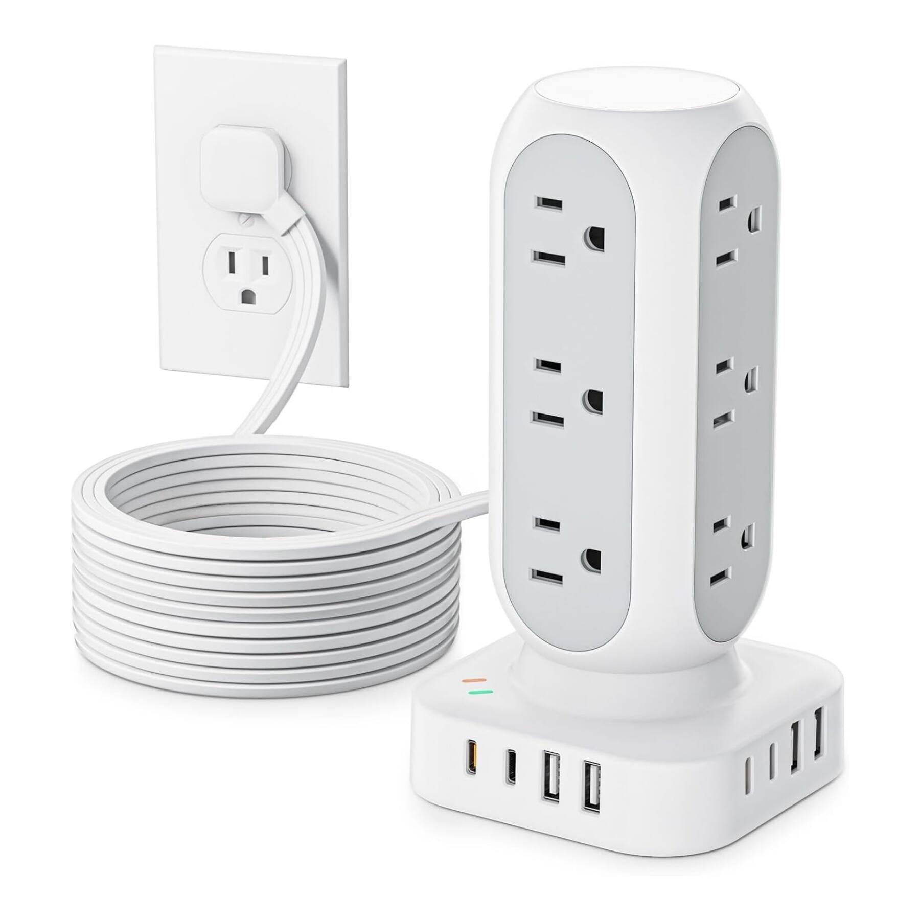 Front. Dazzed Corner - Flat Plug Power Strip Tower 10FT, Long Extension Cord - White.