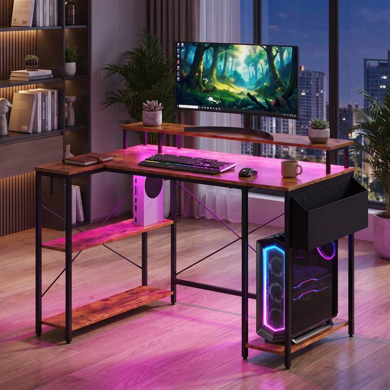 Angle. WELLFOR - 48" Computer Desk with LED Lights and Power Outlets, L Shape Desk Gaming Desk with Open Shelf for Home Office - Rustic Brown.