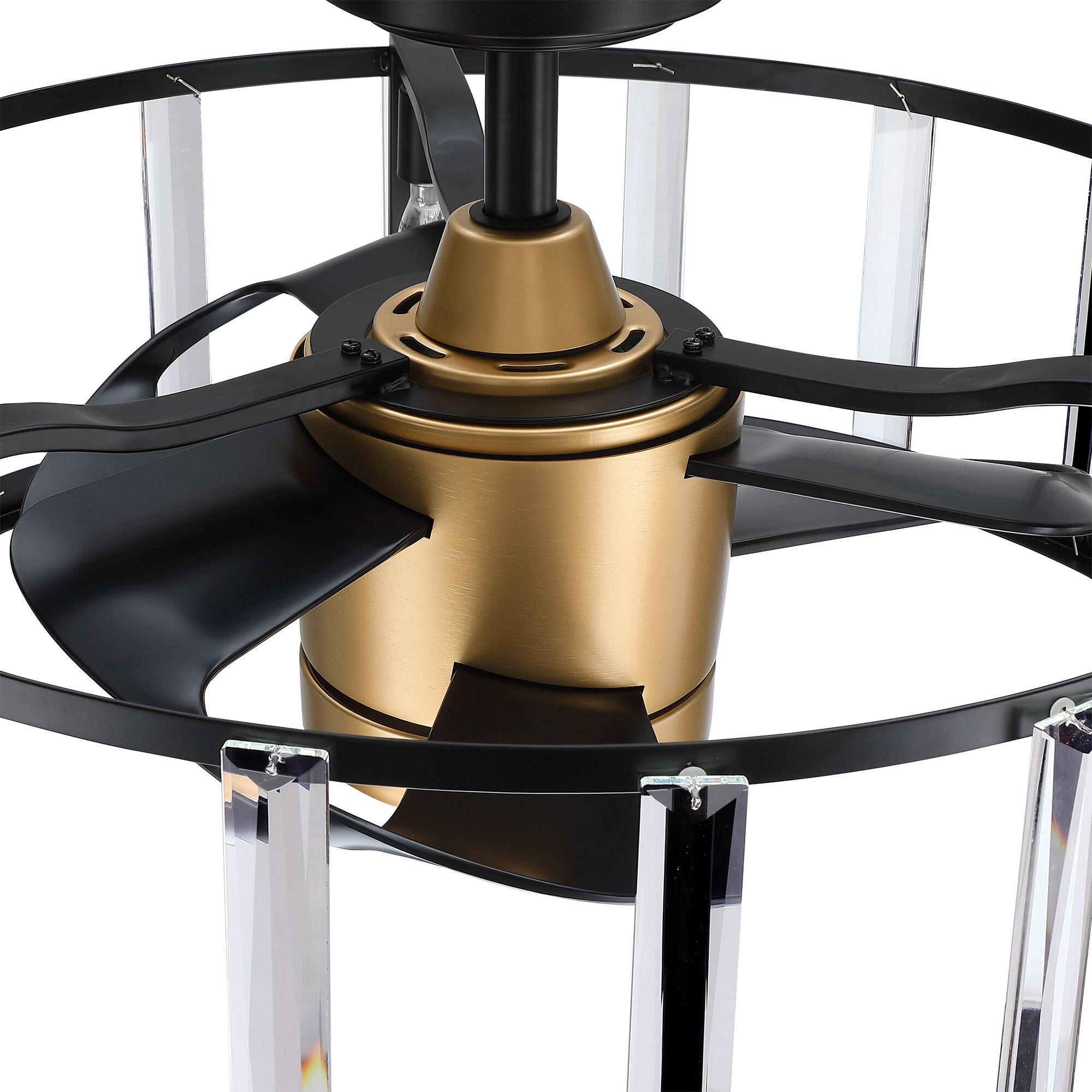 Alt View 8. Parrot Uncle - 26.7 in. Matte Black Modern Caged Crystal Ceiling Fan with Light and Remote - Black.