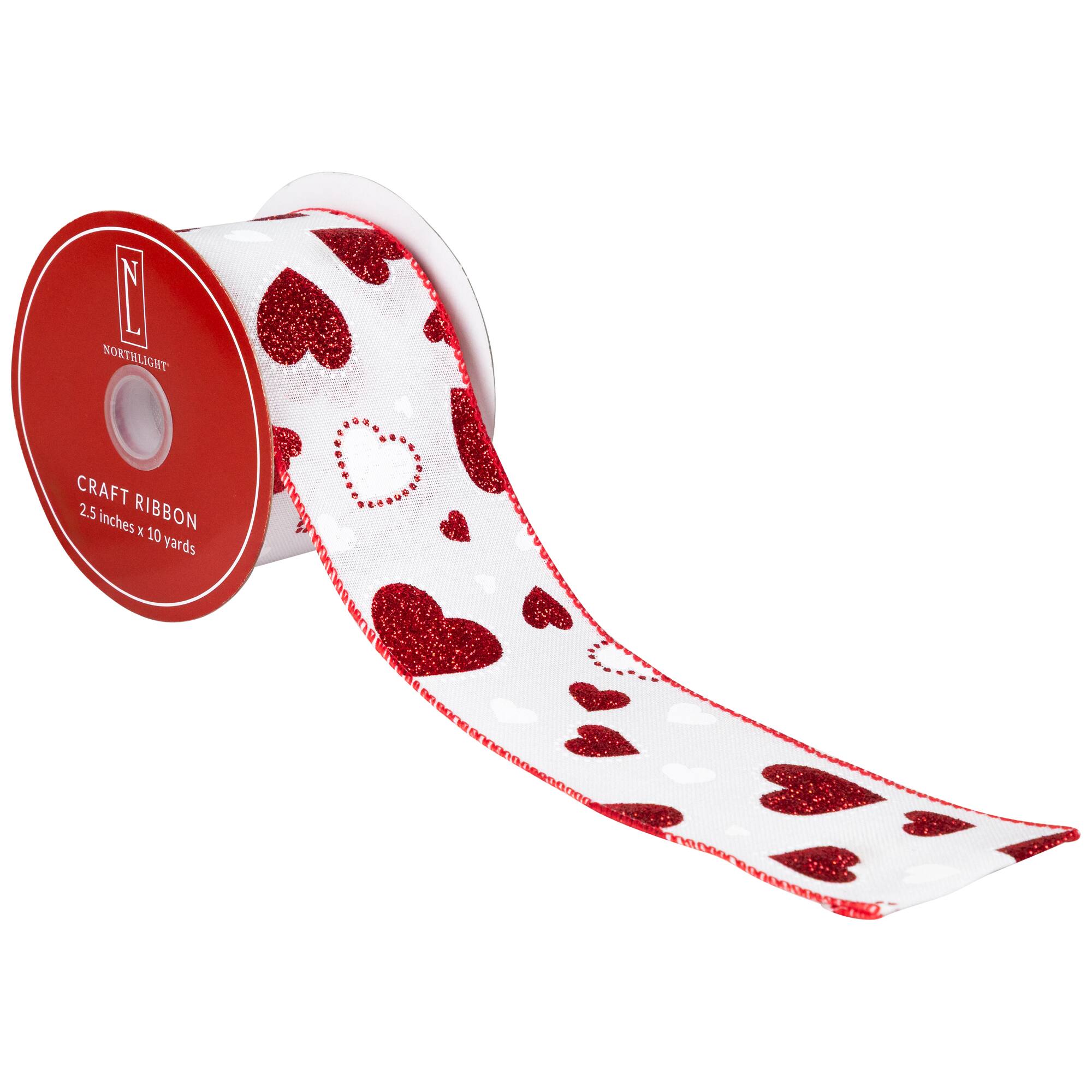 Northlight Glitter Hearts Valentine's Day Wired Craft Ribbon 2.5