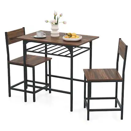 Front. Costway - Costway 3-Piece Wood Rectangular Table & Chair Set Dining Table Set with Metal Frame - Brown.