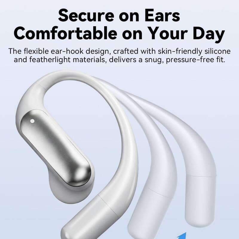 Secure on Ears  
Comfortable on Your Day  

The flexible ear-hook design, crafted with skin-friendly silicone and featherlight materials, delivers a snug, pressure-free fit.