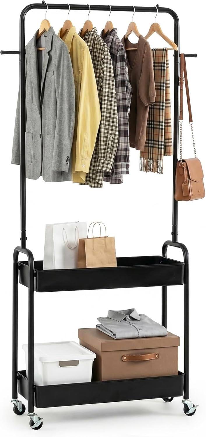 Gymax - Rolling Clothes Rack w/Hanging Rod Side Hooks Storage Baskets Lockable Wheels - Black price history on PriceWatchPro