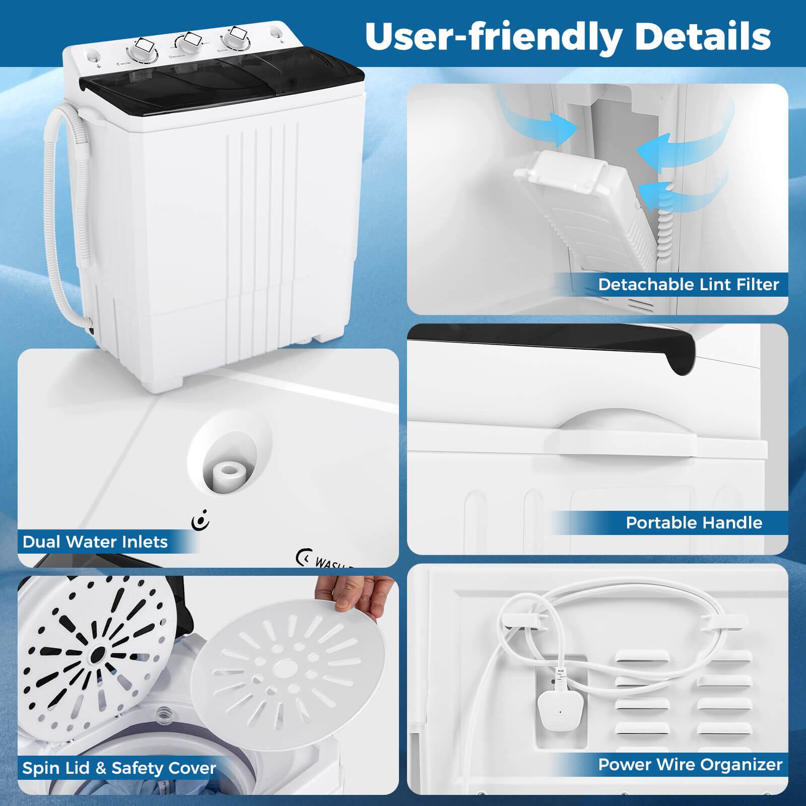 User-friendly Details

- Detachable Lint Filter
- Dual Water Inlets
- Spin Lid & Safety Cover
- Portable Handle
- Power Wire Organizer