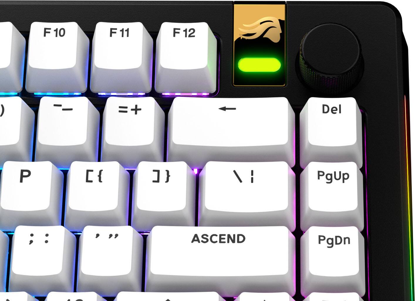 The text on the image is grouped as follows:

1. F10, F11, F12: These are function keys on the keyboard.
2. ) -- = +: The keys to the left of the function keys.
3. Del: The delete key.
4. PgUp: The page up key.
5. PgDn: The page down key.
6. I: The key to the left of the function keys.
7. P: The key to the right of the function keys.
8. [ and ]: The square brackets.
9. / and I: The division and increment keys.

The corrected text would be:

F10, F11, F12) -- = + Del PgUp [ ] / I PgDn - - Ascend