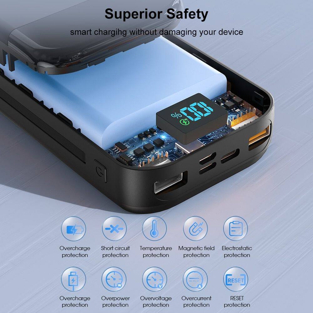 Superior Safety  
smart charging without damaging your device

% 001  
X  
Overcharge Short circuit Temperature Magnetic field Electrostatic protection protection protection protection protection  
W  
V  
A  
RESET  
Overcharge Overpower Overvoltage Overcurrent RESET protection protection protection protection protection