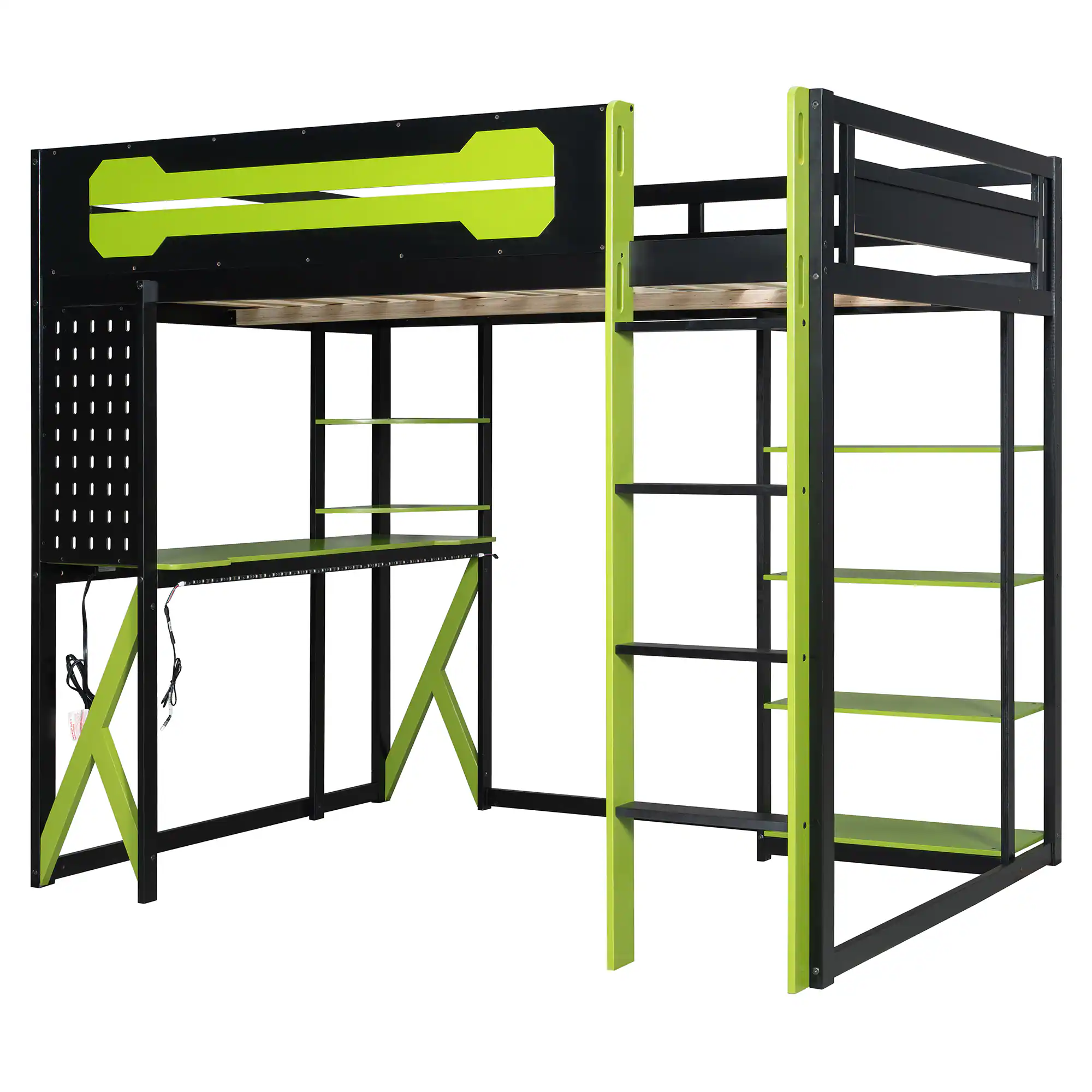 Back. Anysun - Full Size Wood Loft Bed with Desk, Shelves, Power Outlet & USB/Type-C Ports, , and RGB Light - Green.