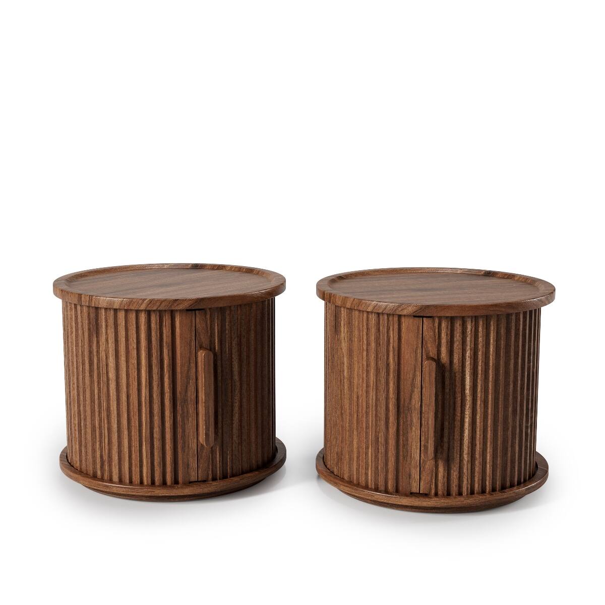 Alt View 9. Loheer - Loheer Round Coffee Table Set, Walnut Fluted Sliding Door Storage Tables for Living Room - Walnut.