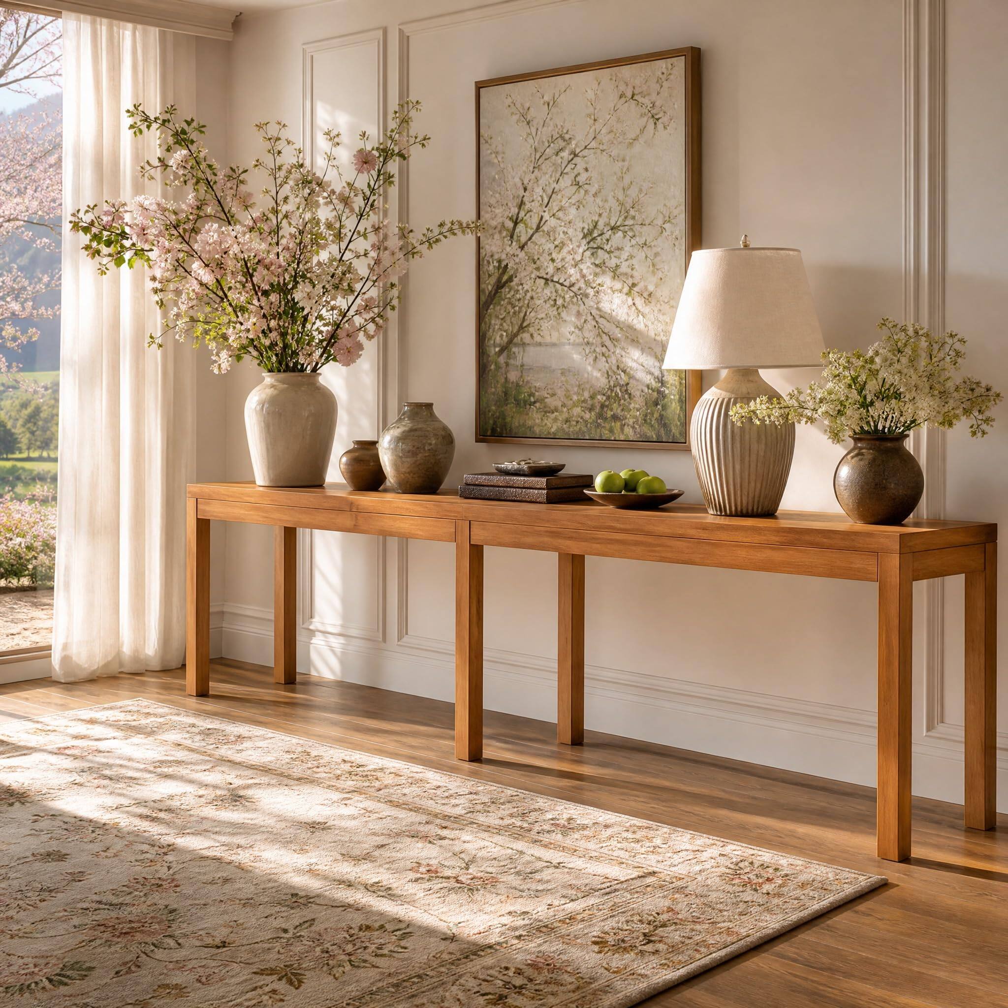 Back. Tribesigns - 95 Inch Solid Wood Console Table, Extra Long Entryway Table - Rustic Brown.