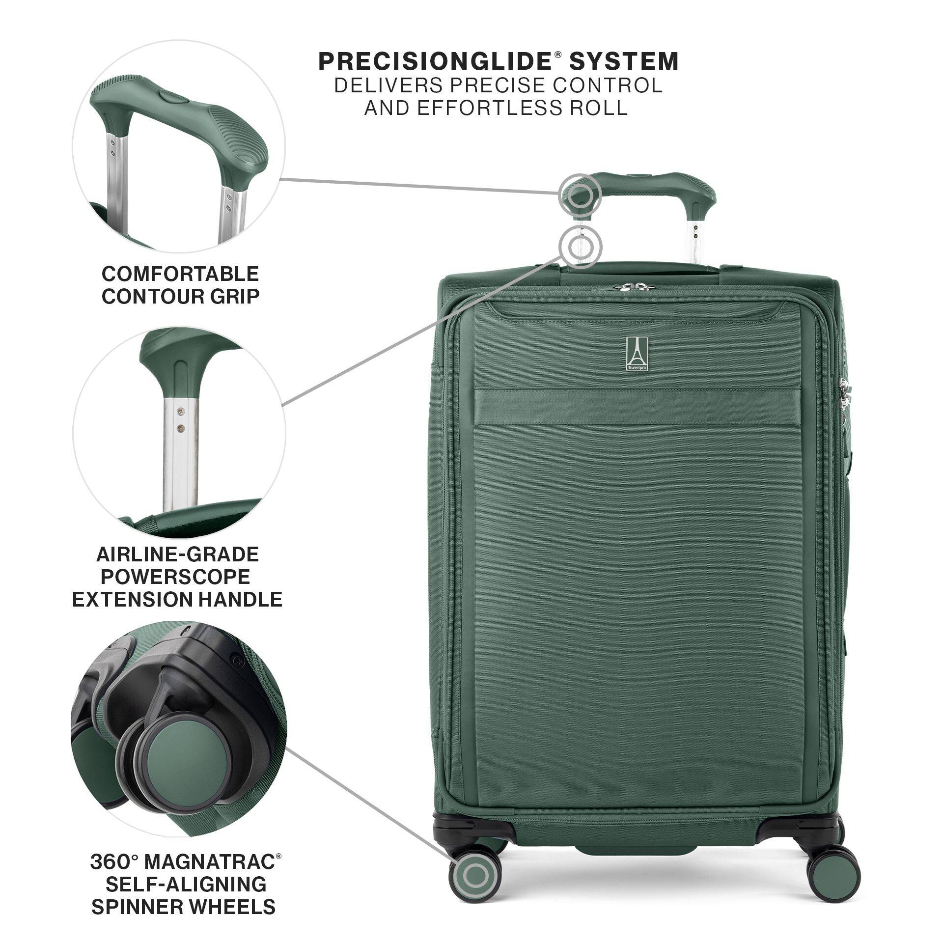 PRECISIONGLIDE® SYSTEM DELIVERS PRECISE CONTROL AND EFFORTLESS ROLL

COMFORTABLE CONTOUR GRIP

AIRLINE-GRADE POWERSCOPE EXTENSION HANDLE

360° MAGNATRAC® SELF-ALIGNING SPINNER WHEELS