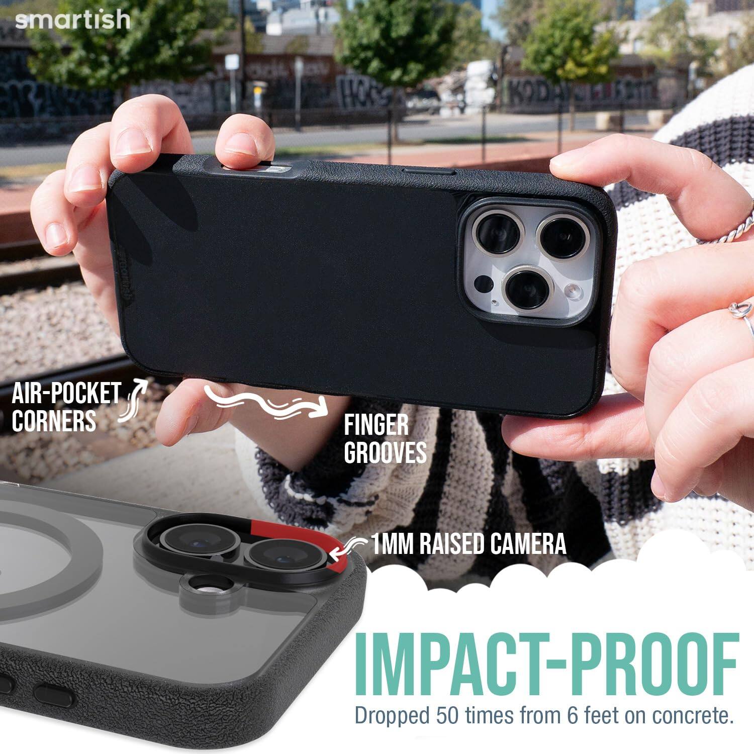 smartish  
AIR-POCKET CORNERS  
FINGER GROOVES  
1MM RAISED CAMERA  
IMPACT-PROOF  
Dropped 50 times from 6 feet on concrete.