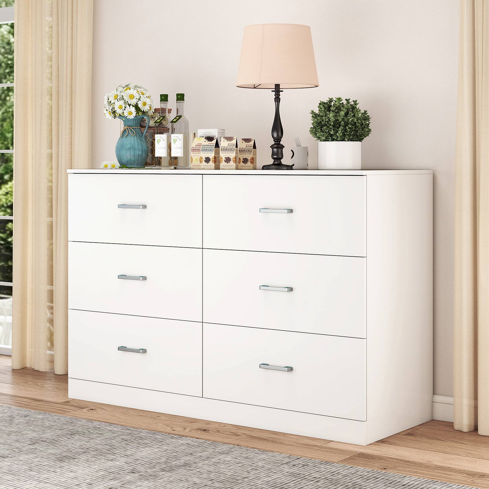 Back. Sugift - 6-Drawer Dresser with Spacious Storage and Modern White Finish for Bedroom, Living Room, or Entryway - White.