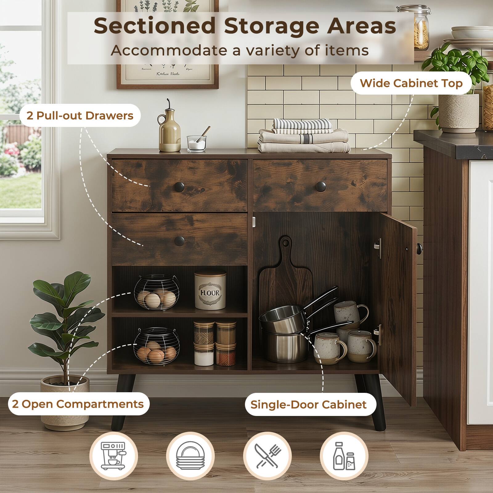 Sectioned Storage Areas Accommodate a variety of items

- Wide Cabinet Top
- 2 Pull-out Drawers
- 2 Open Compartments
- Single-Door Cabinet