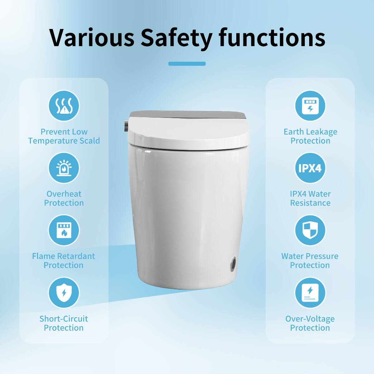 Various Safety functions
- Prevent Low Temperature Scald
- Overheat Protection
- Flame Retardant Protection
- Short-Circuit Protection
- Earth Leakage Protection
- IPX4 Water Resistance
- Water Pressure Protection
- Over-Voltage Protection