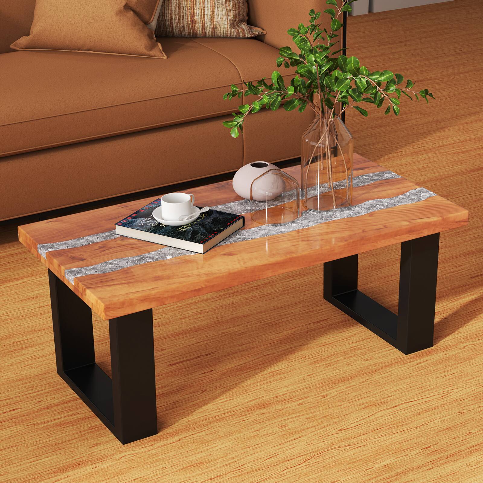Alt View 8. Ecooso - Teak Wood Coffee Table with River Epoxy Tabletop, Modern Patio or Living Room Design - Natural.