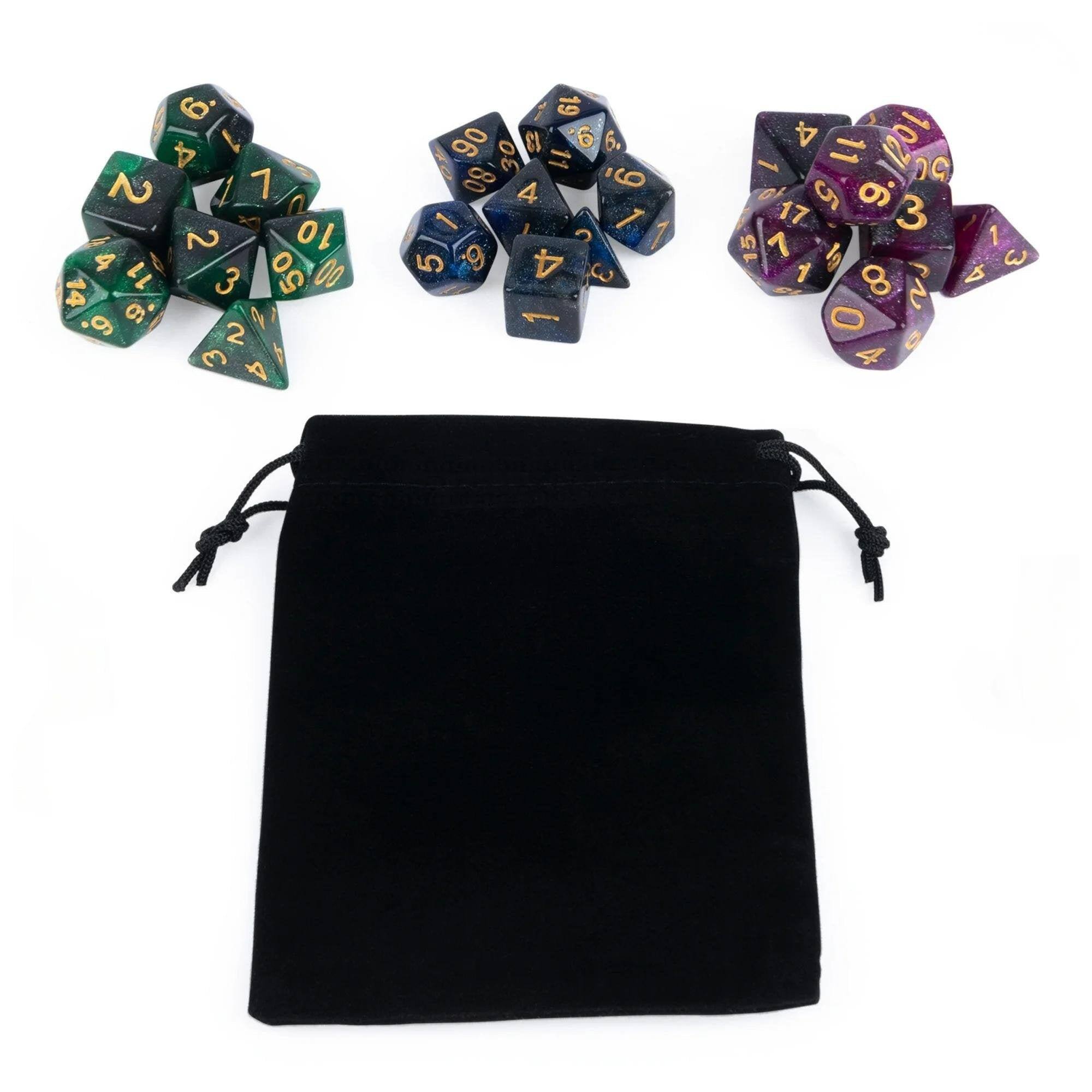 Left. SpinMaster Games - Spin Master Games Campaign Dice, 3 Dice Sets with Storage Pouch for Dungeons & Dragons, Magic the Gathering & RPG games - Jewel-toned purple, blue, and green.