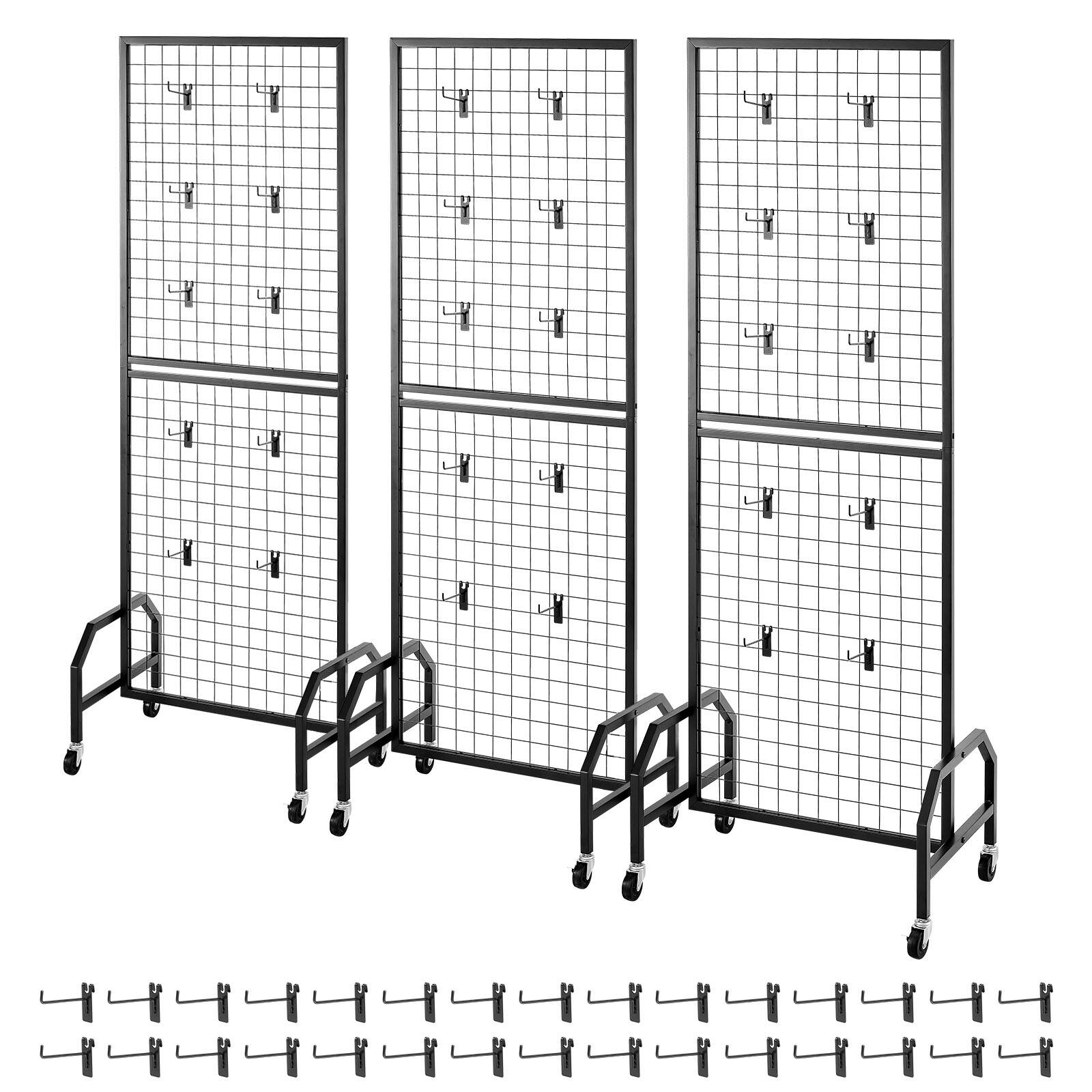 Alt View 5. VEVOR - 3 Packs Grid Wall Panels, 1.9 x 5.4 ft Wire Grid Panels Display Rack, Movable Art Display Shelf with Wheels and 30 Hooks - Black.