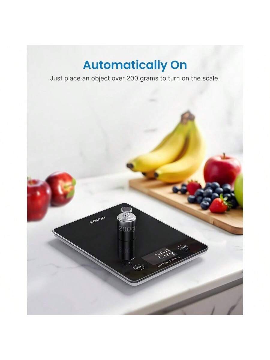 Automatically On  
Just place an object over 200 grams to turn on the scale.