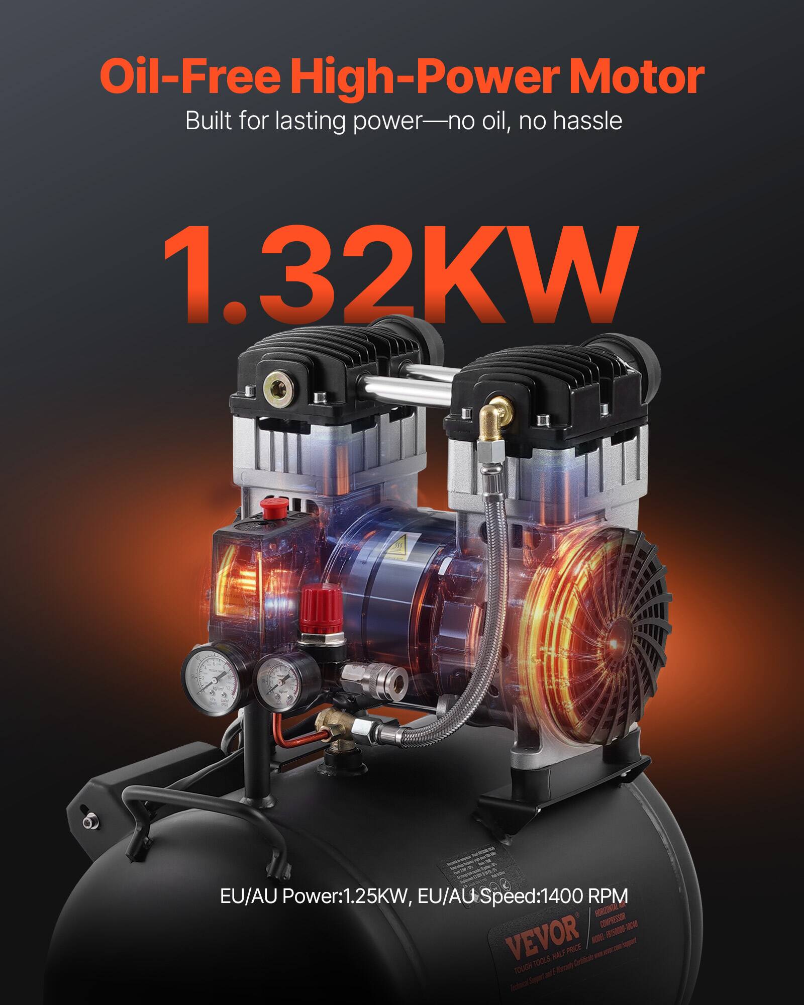 Oil-Free High-Power Motor  
Built for lasting power—no oil, no hassle  

1.32KW  

EU/AU Power: 1.25KW, EU/AU Speed: 1400 RPM  

VEVOR TOOLS HALF PRICE TOUGH