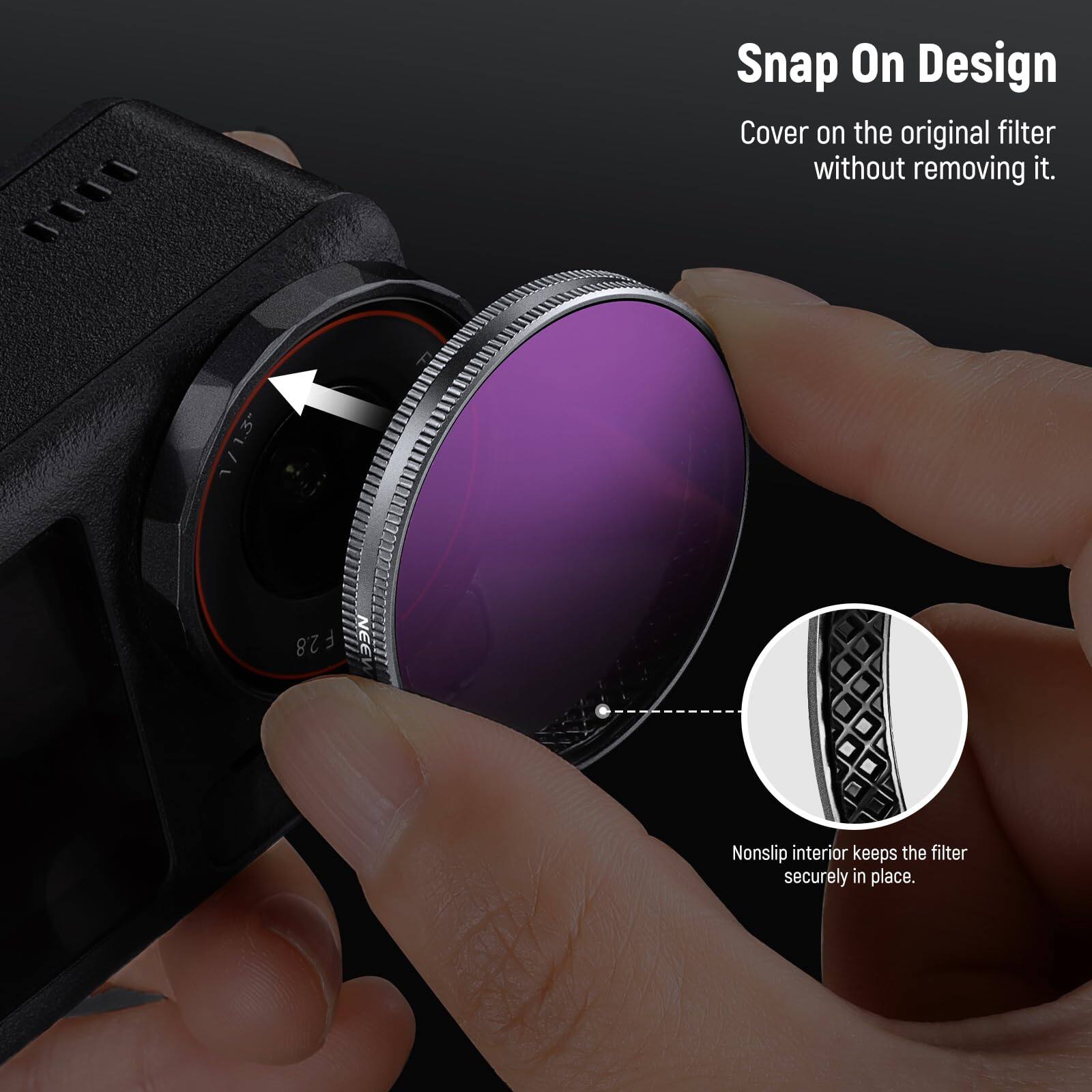 Snap On Design: Cover on the original filter without removing it. 1/1.3-2.8 F NEE Nonslip interior keeps the filter securely in place.