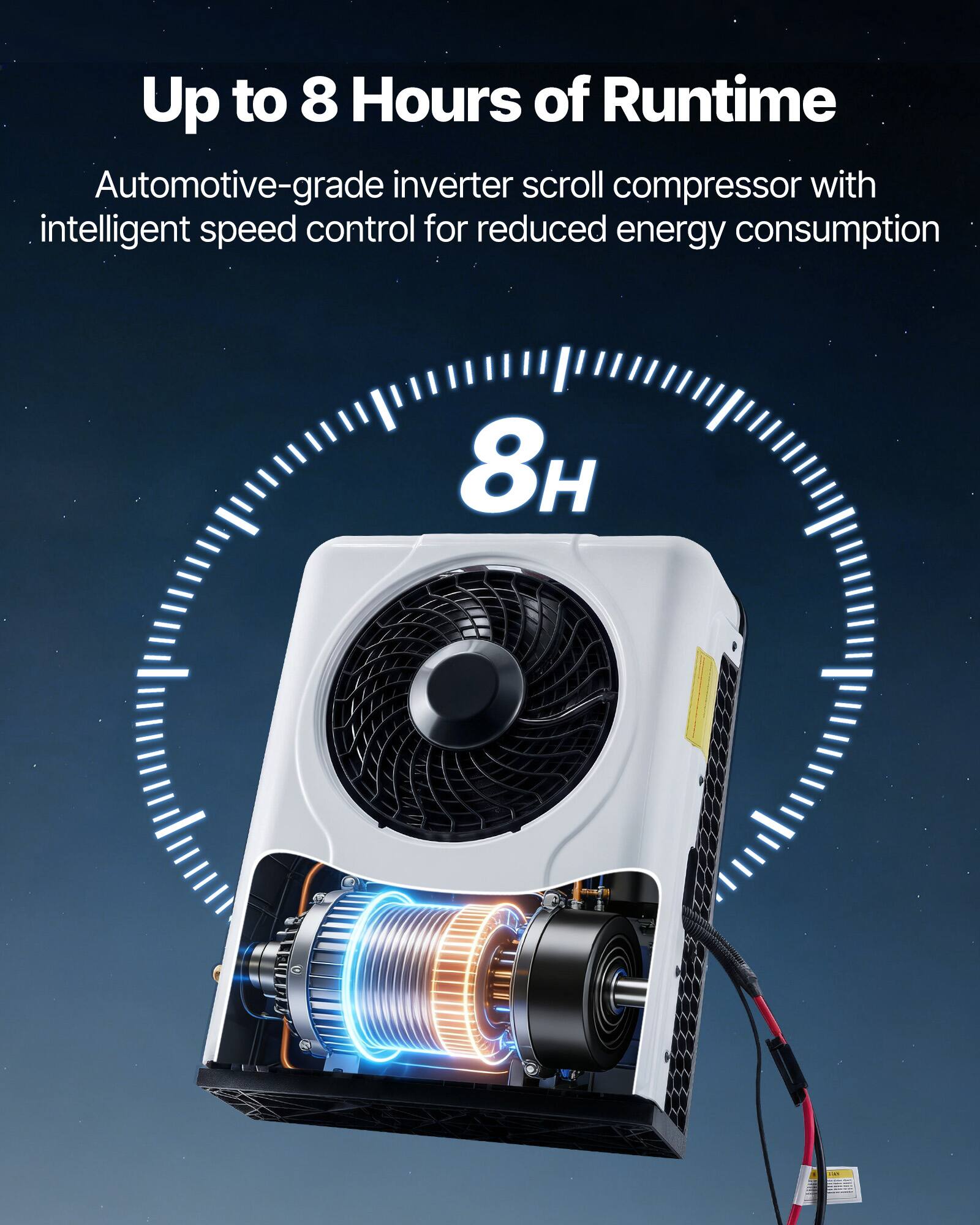 Up to 8 Hours of Runtime

Automotive-grade inverter scroll compressor with intelligent speed control for reduced energy consumption