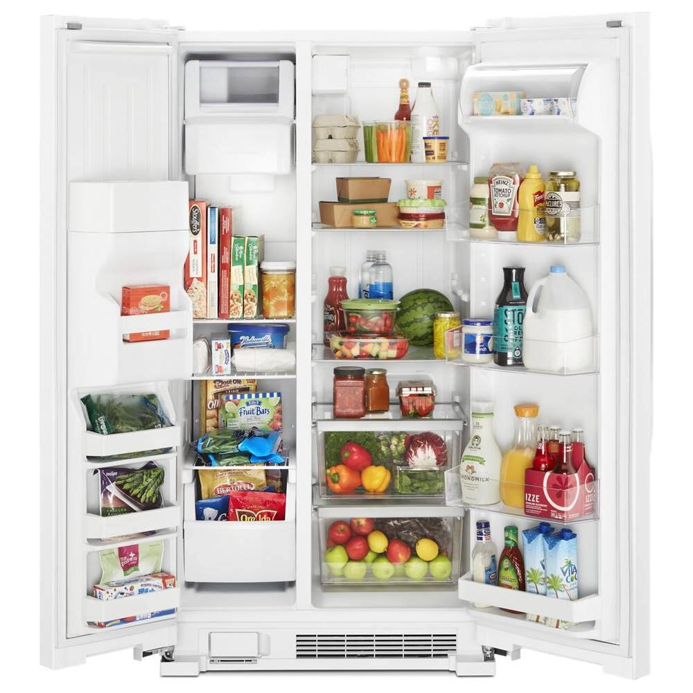 The refrigerator is filled with various food items, including fruits, vegetables, and drinks. There are multiple bottles of milk, juice, and soda, as well as a variety of fruits such as apples and oranges. The refrigerator is also stocked with vegetables like broccoli and carrots. The assortment of food items and drinks indicates that the refrigerator is well-stocked and ready for use.