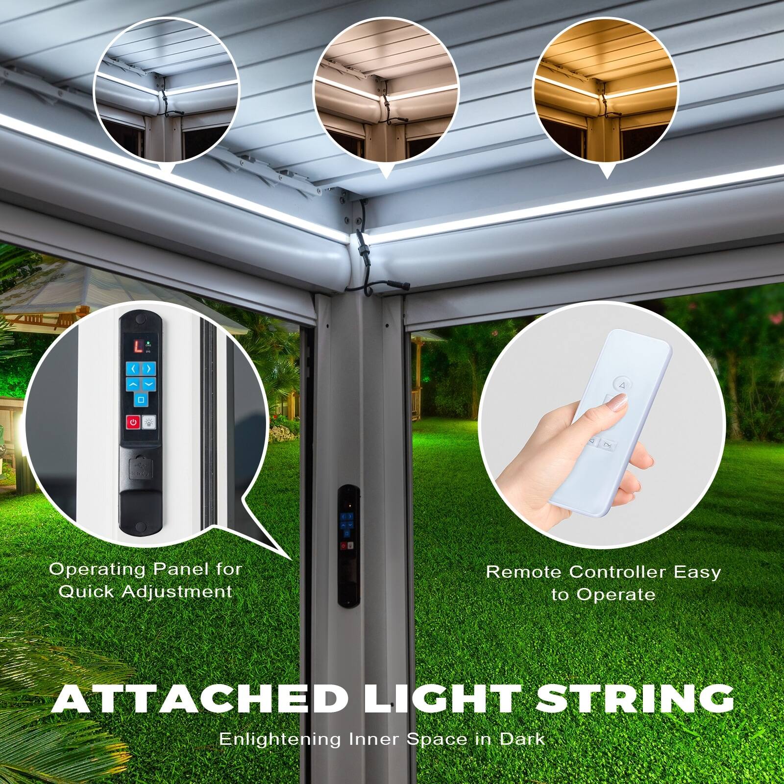 1. Operating Panel for Quick Adjustment
2. Remote Controller Easy to Operate
3. ATTACHED LIGHT STRING
   Enlightening Inner Space in Dark