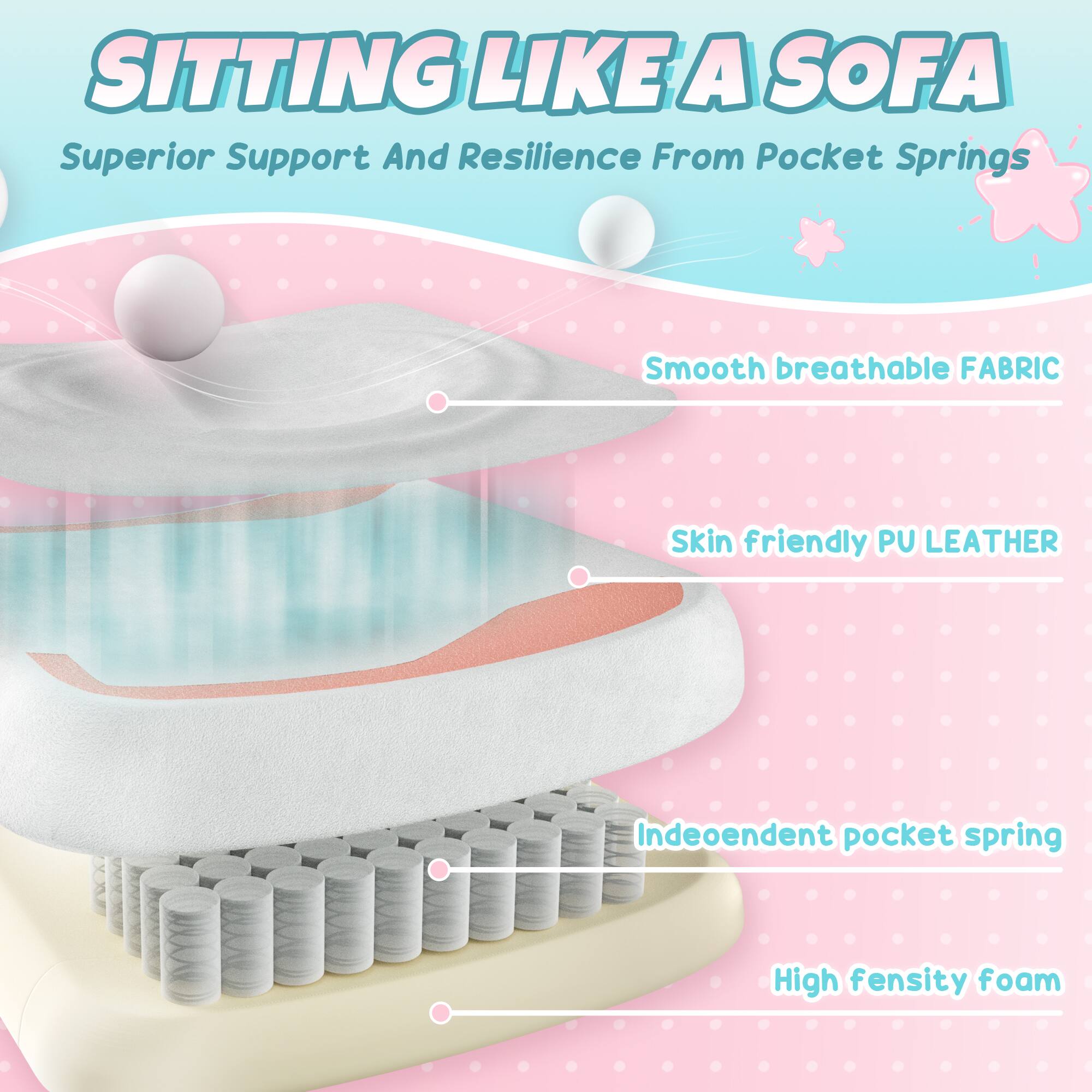 SITTING LIKE A SOFA  
Superior Support And Resilience From Pocket Springs  

Smooth breathable FABRIC  
Skin friendly PU LEATHER  
Independent pocket spring  
High density foam