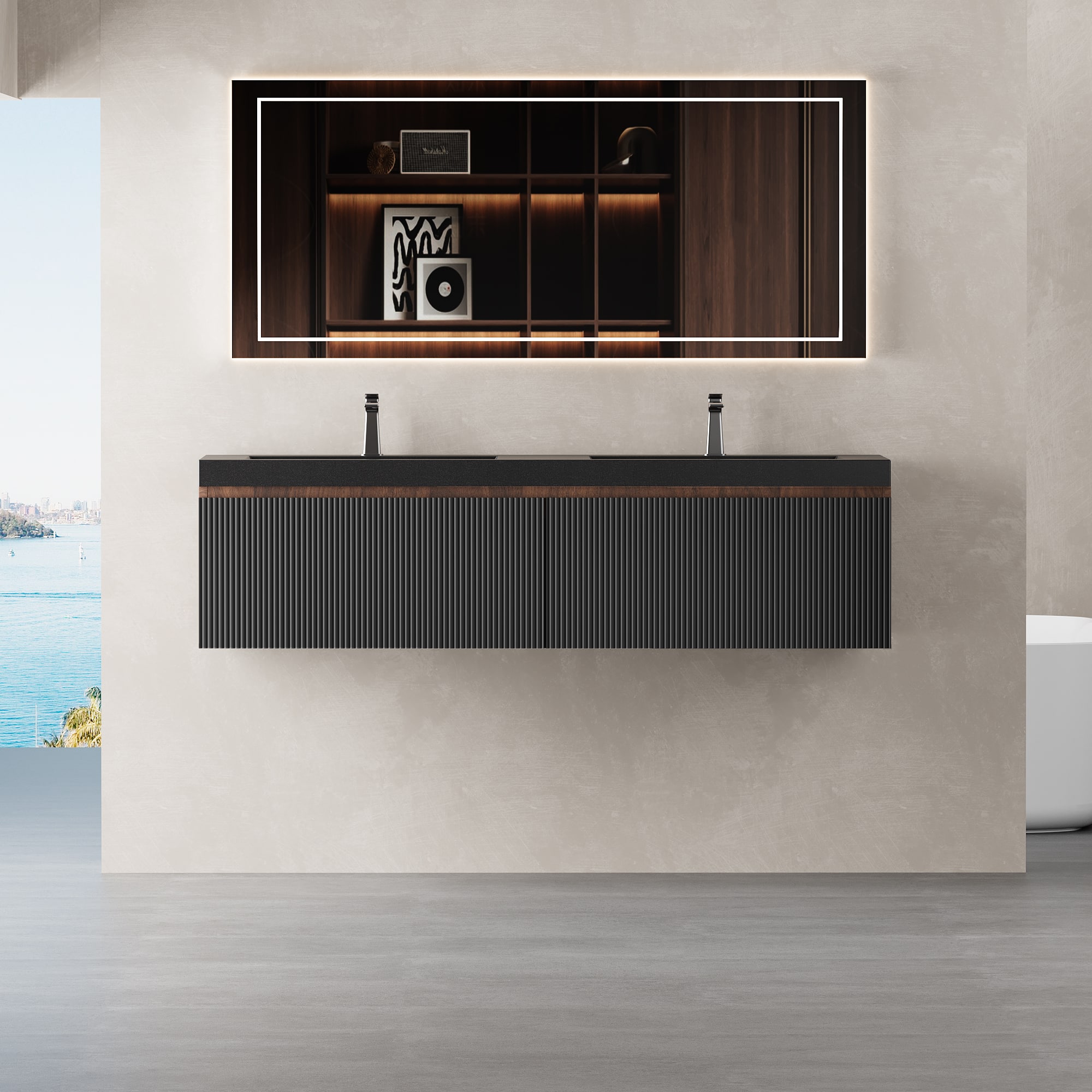 Boyel Living - 60In Floating Bathroom Vanity Double Sinks Stone Resin Countertop Soft Close Drawers - Black