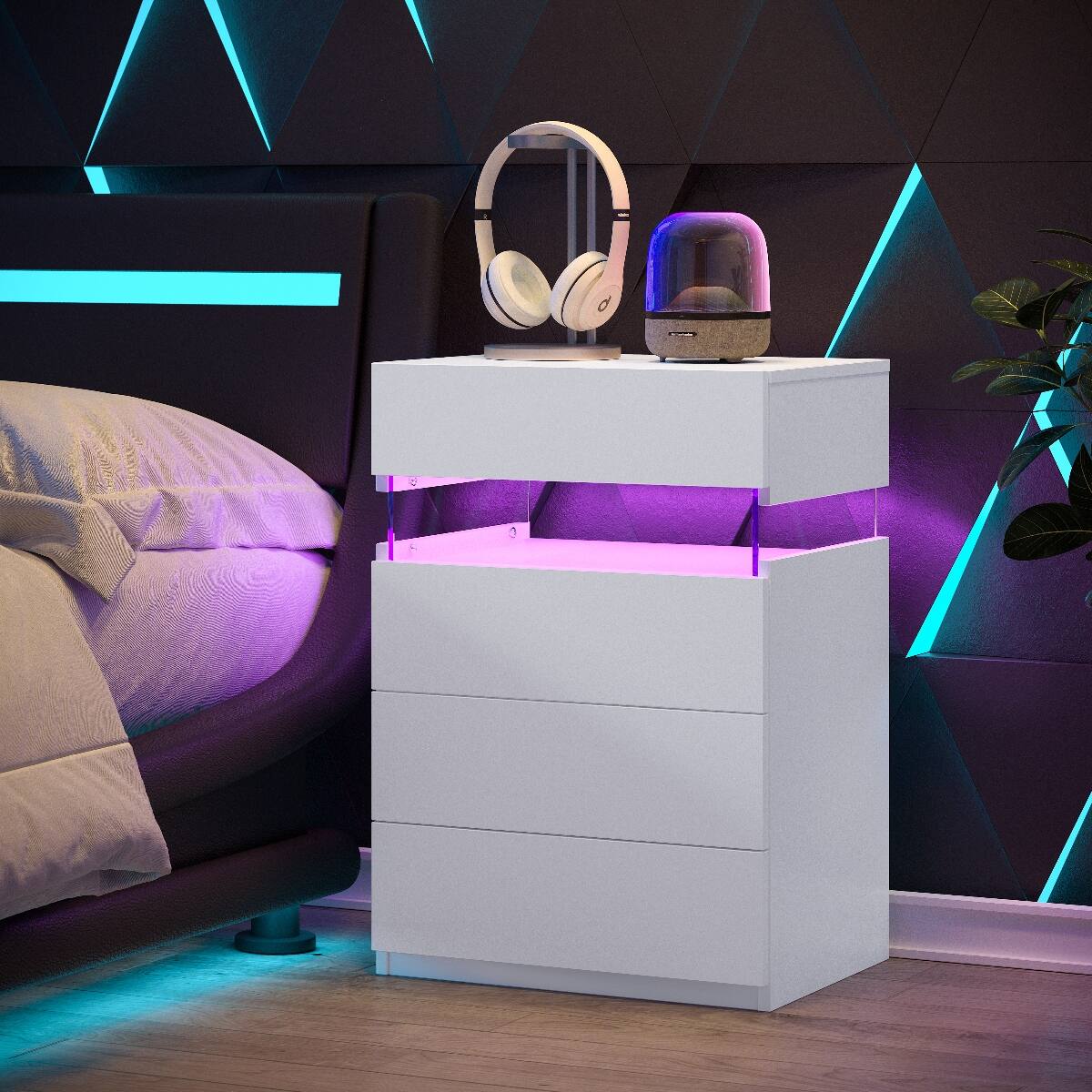 Left. Loheer - Loheer White LED Nightstand, Four Drawer Bedside Table with Adjustable Multicolor Lights - White.
