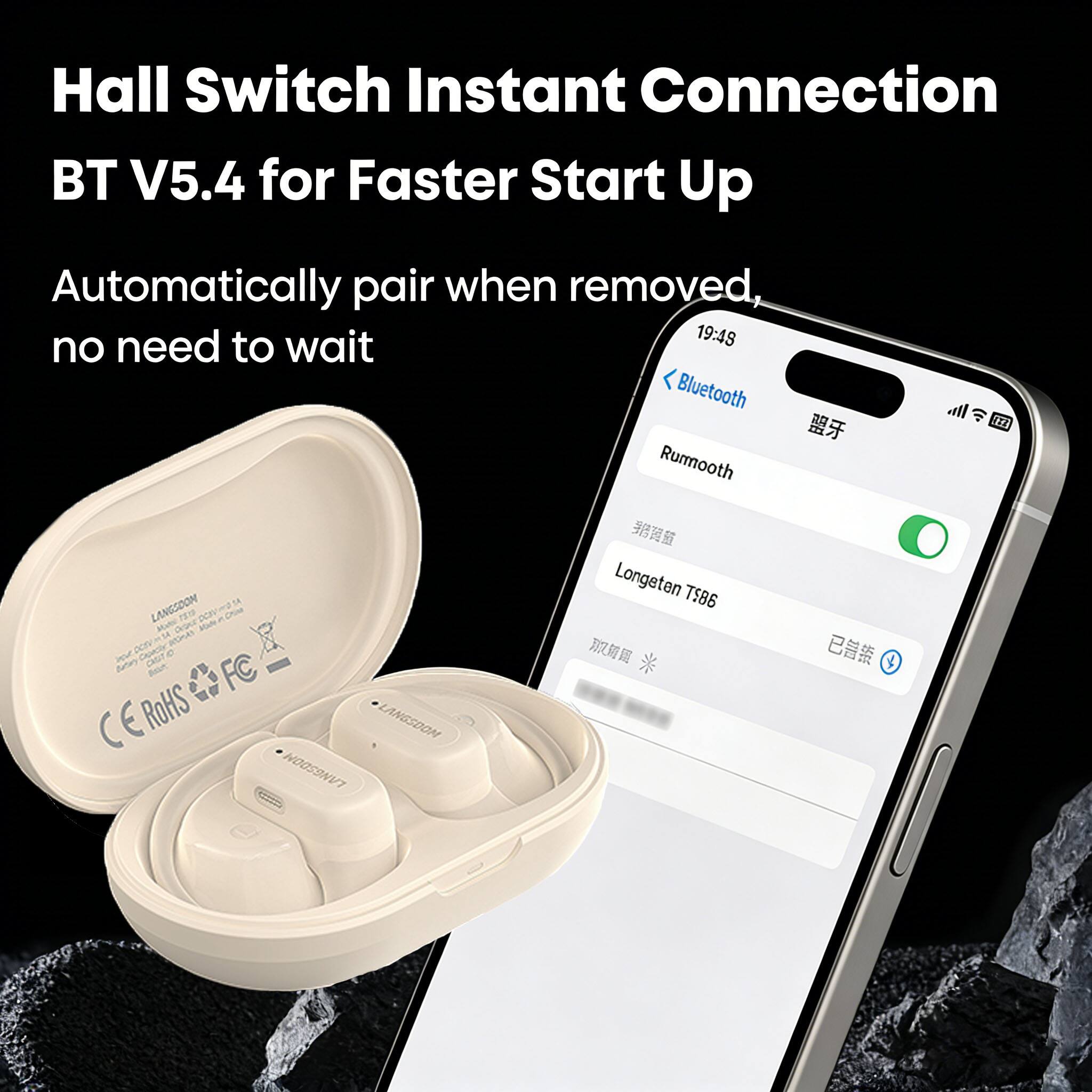 Hall Switch Instant Connection BT V5.4 for Faster Start Up  
Automatically pair when removed, no need to wait  

19:48  
Bluetooth  
Rumooth  
Longeten TS86  

LANGSDOM  
18 LANGSDOM 1210 DEE CHin A dGz Mute -S RHAS OCR Ap a m S BoA FC E ROHS ANGSDOM LANGSDOM  
Longeten TS86  

CE RoHS FC