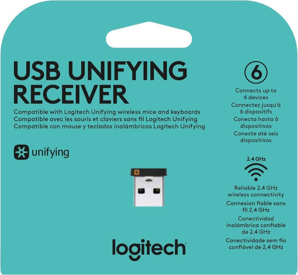 USB Unifying Receiver
Connects up to 6 devices
Compatible with Logitech Unifying wireless mice and keyboards
Connectez jusqu' à 6 dispositifs
Compatible avec les souris et claviers sans fil Logitech Unifying
Dispositivos Conecta hasta 6
Compatible con mouse y teclados inalmbricos Logitech Unifying
Dispositivos Conecte at seis dispositivos unifying
2.4 GHz logitech
Reliable 2.4 GHz wireless connectivity
Connexion fiable sans fil 2,4 GHz
Conectividad inalmbrica confiable de 2,4 GHz
Conectividade sem fio confivel de 2,4 GHz