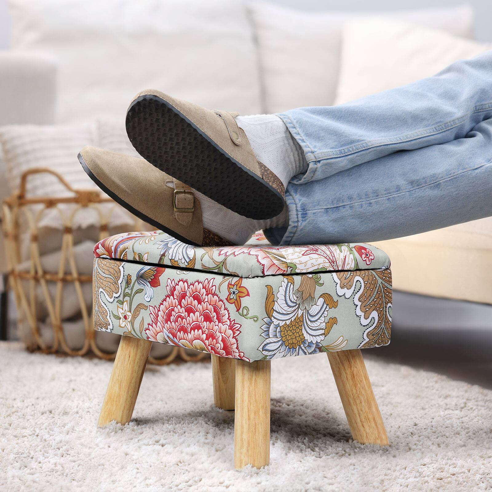 Alt View 4. Oumilen - Square Floral Fabric Storage Ottoman Foot Stool with Wooden Legs - Flower.