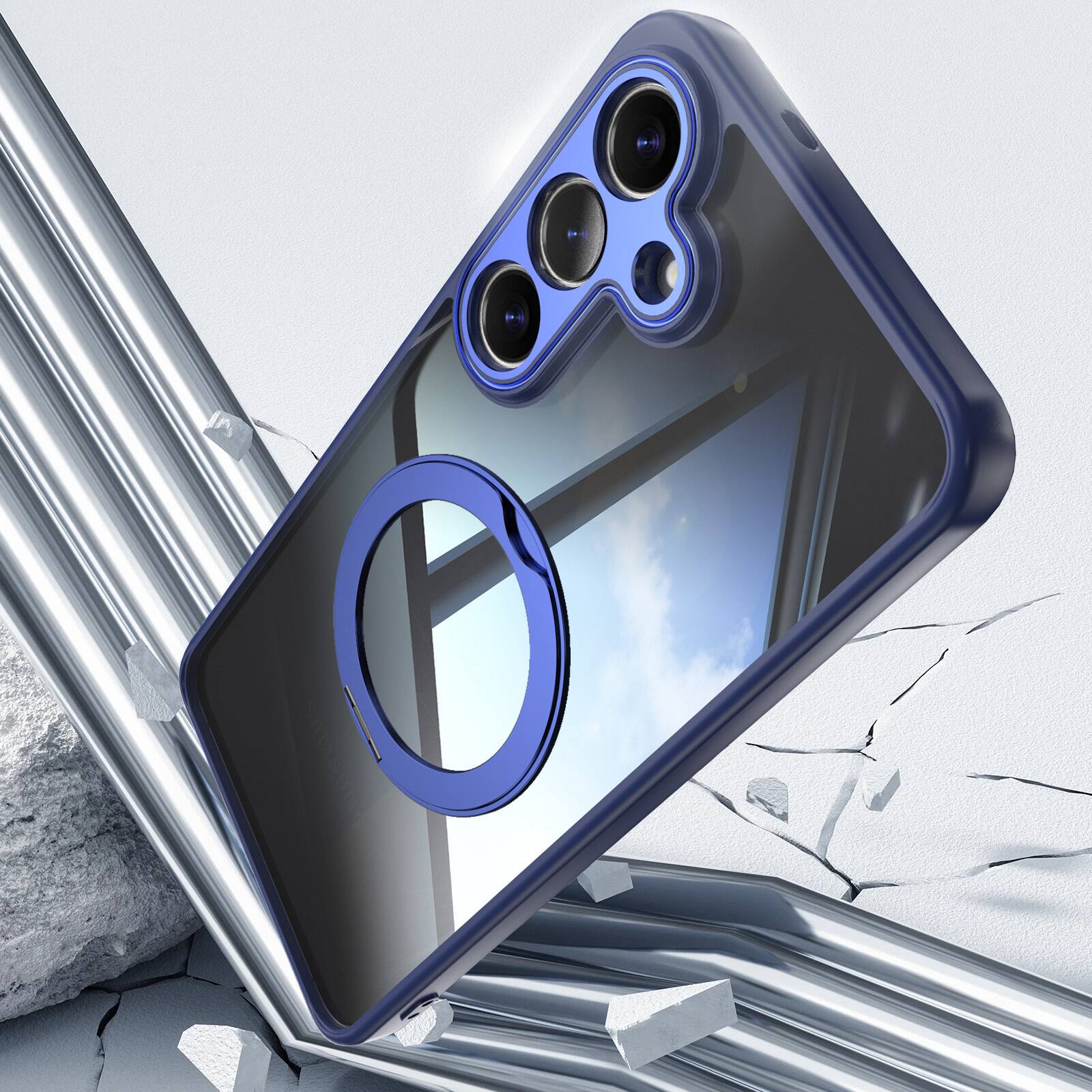 Alt View 3. Dteck - Magnetic Clear Case For Samsung Galaxy S26+, Shockproof Anti-Scratch 360° Ring Holder Stand PC+TPU Protection Cover - Blue.