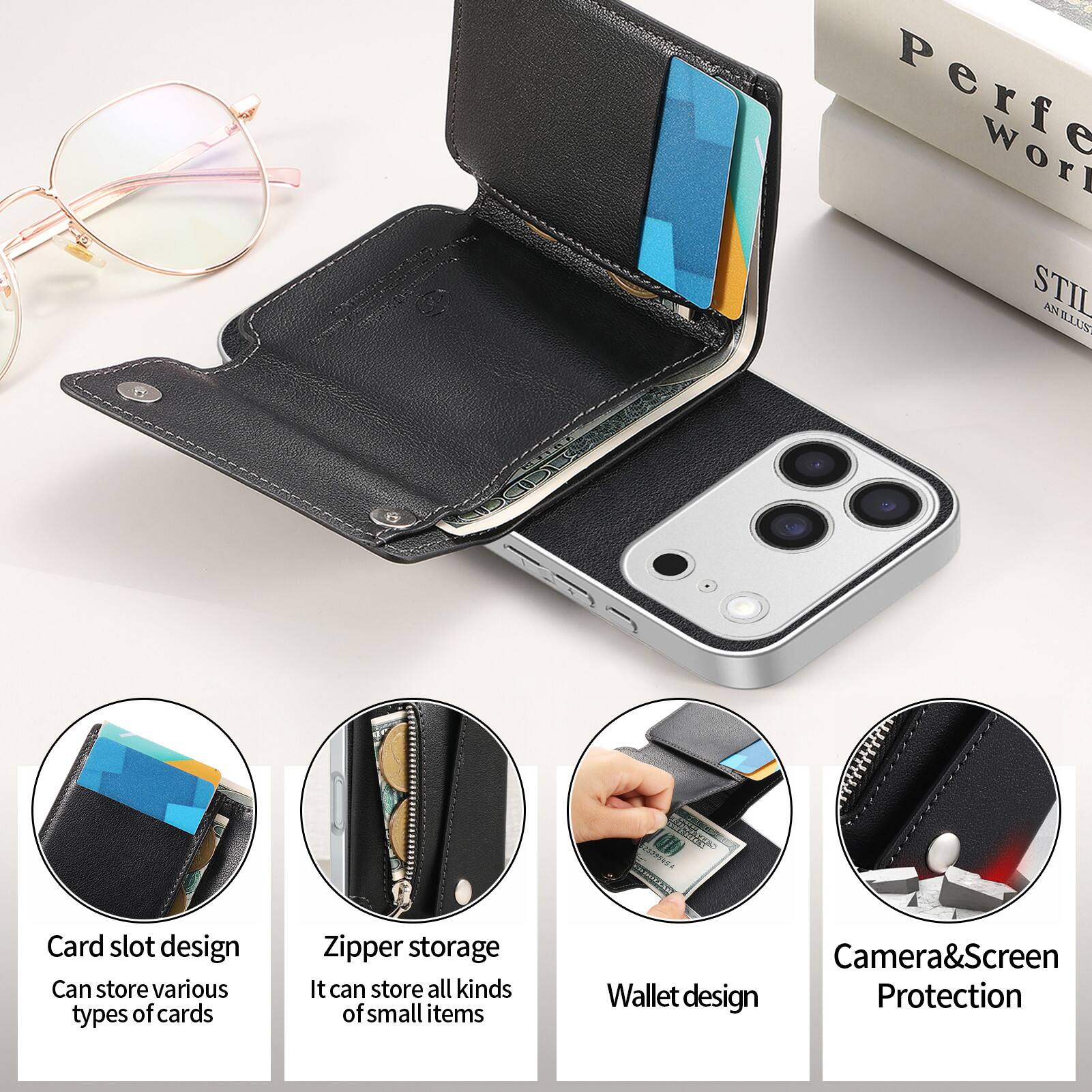 Perfe Worl STIL AN NILLUS  
29395454 HINGS

Card slot design  
Can store various types of cards

Zipper storage  
It can store all kinds of small items

Camera&Screen Wallet design  
Protection