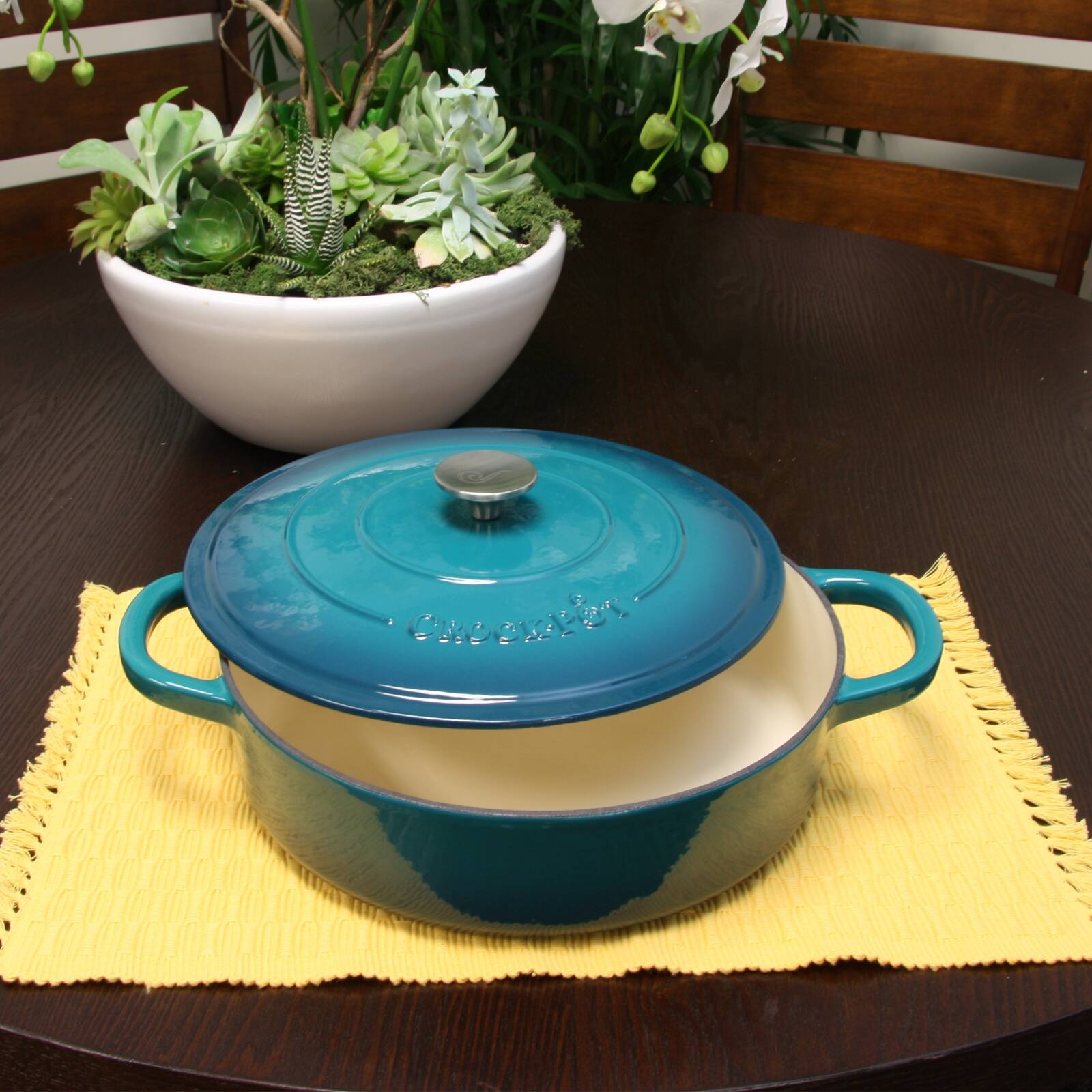 Alt View 2. Crock-Pot - Crock Pot Artisan Enameled Cast Iron 5 Quart Round Braiser Pan with Self Basting Lid in Teal Ombre - Teal Ombre.