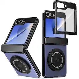 Dteck - Full Hinge Phone Case for Samsung Galaxy Z Flip6 / 7FE w/ Tempered Glass Protector,Rugged 360° Ring Stand Hard PC Cover - Blue