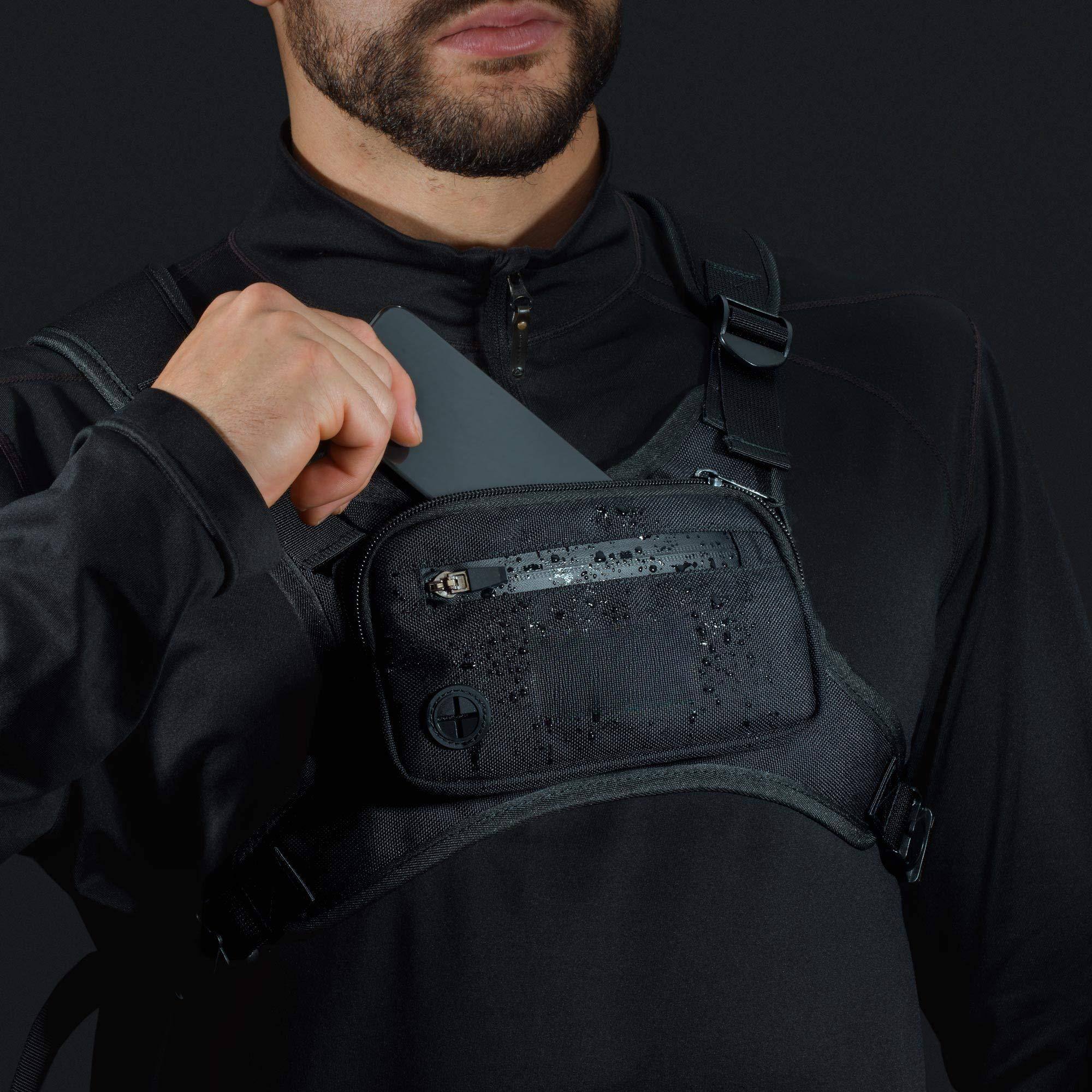 Alt View 5. PO3TICJUNKI3 - Water Resistant Chest Pack - Running Vest For Workouts Phone Holder Extra Storage Lightweight Universal - Black.