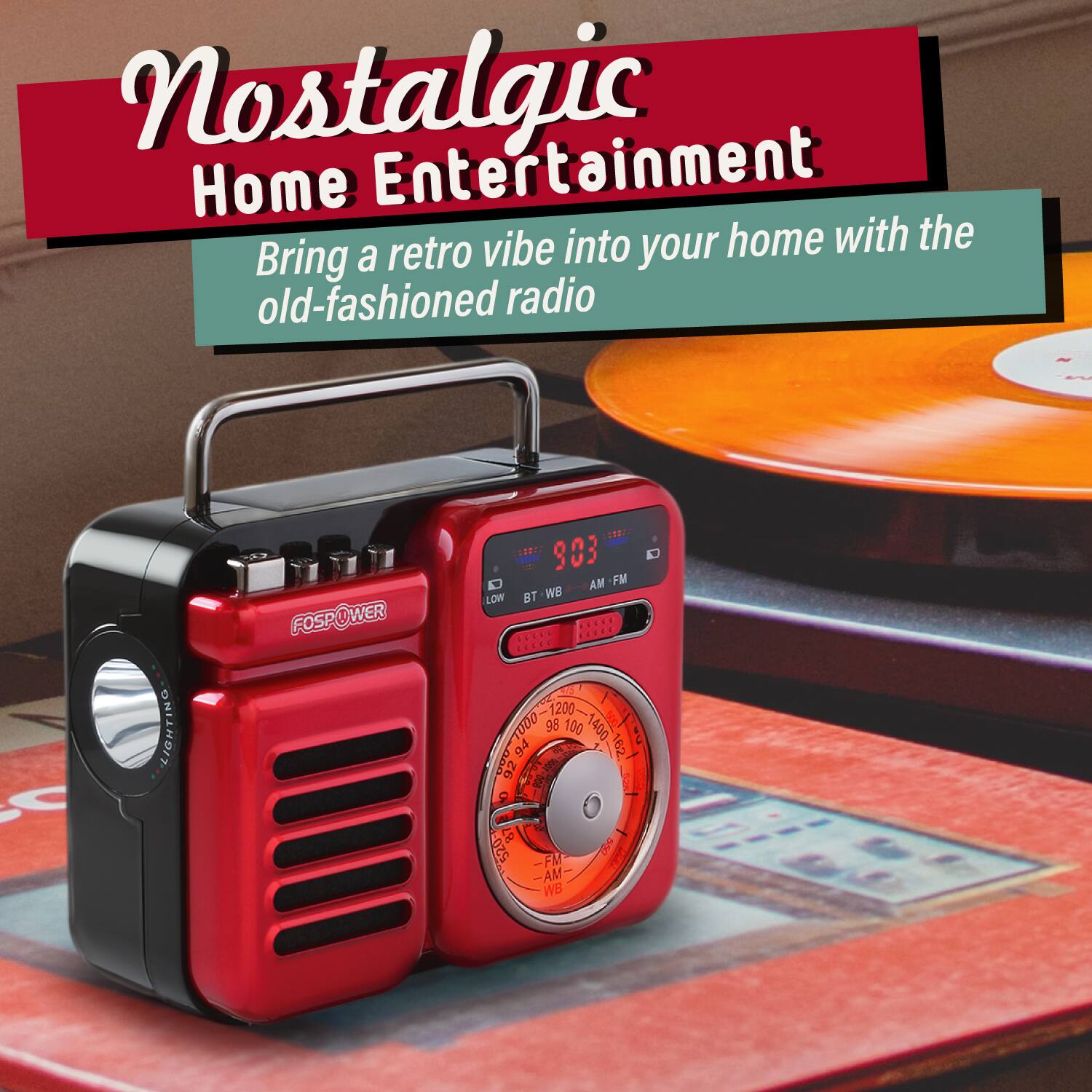 Nostalgic Home Entertainment. Bring a retro vibe into your home with the old-fashioned radio. FOSPOWER 903 AM FM LOW BT-WB. 1200 98 100 1400 94 162 62 87 520 SV FM AM WB.
