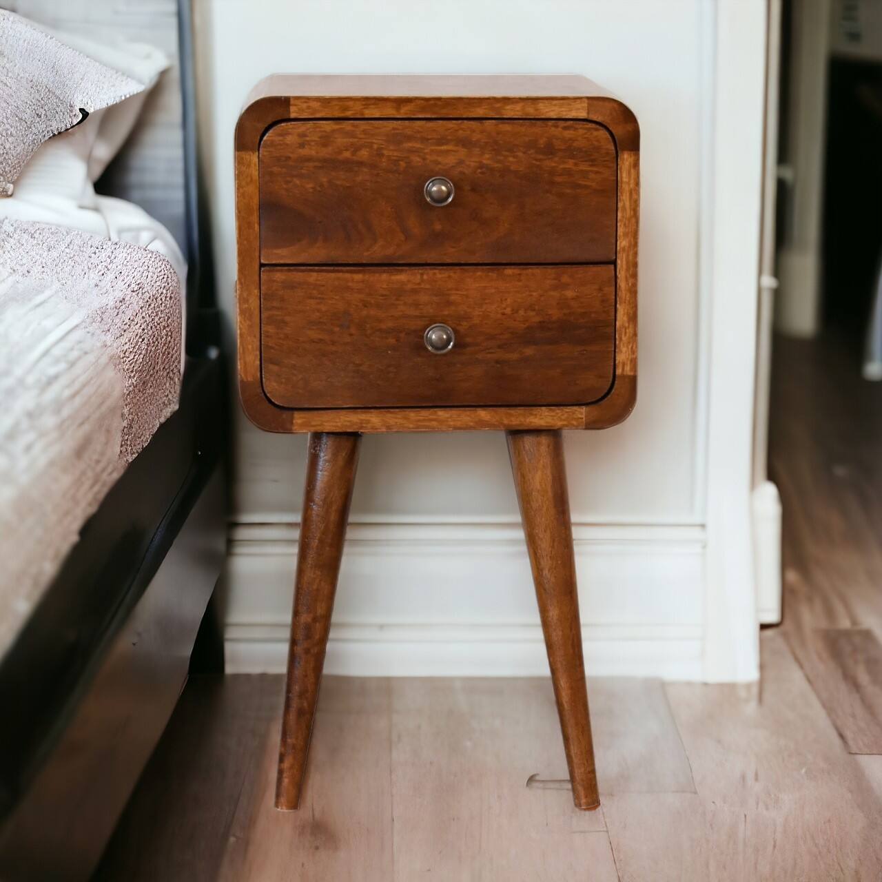 Angle. Artisan Furniture - Artisan Furniture Solid Wood Mini Chestnut Curved Nightstand, 2 Drawers, Nordic legs, Brown - Chestnut.
