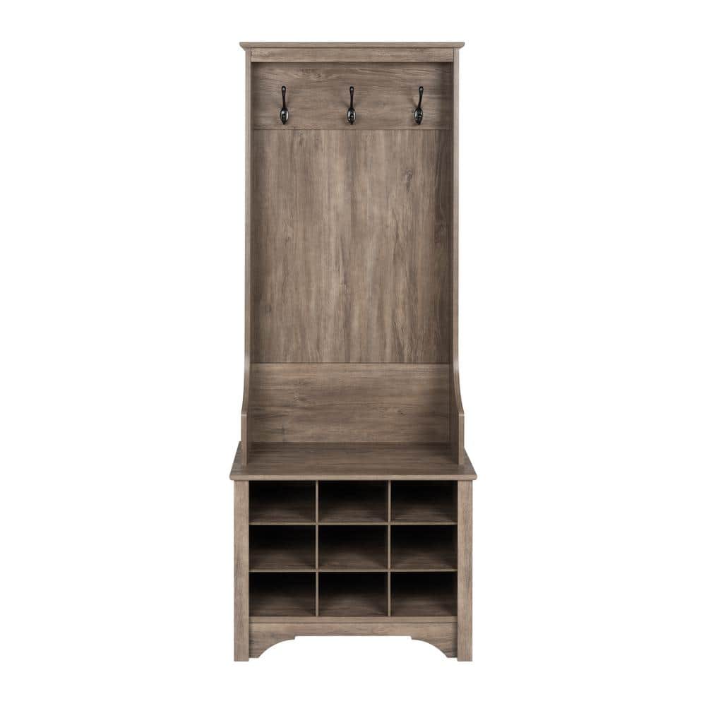 Prepac- Narrow Hall Tree with 9 Shoe Cubbies, Drifted- Gray