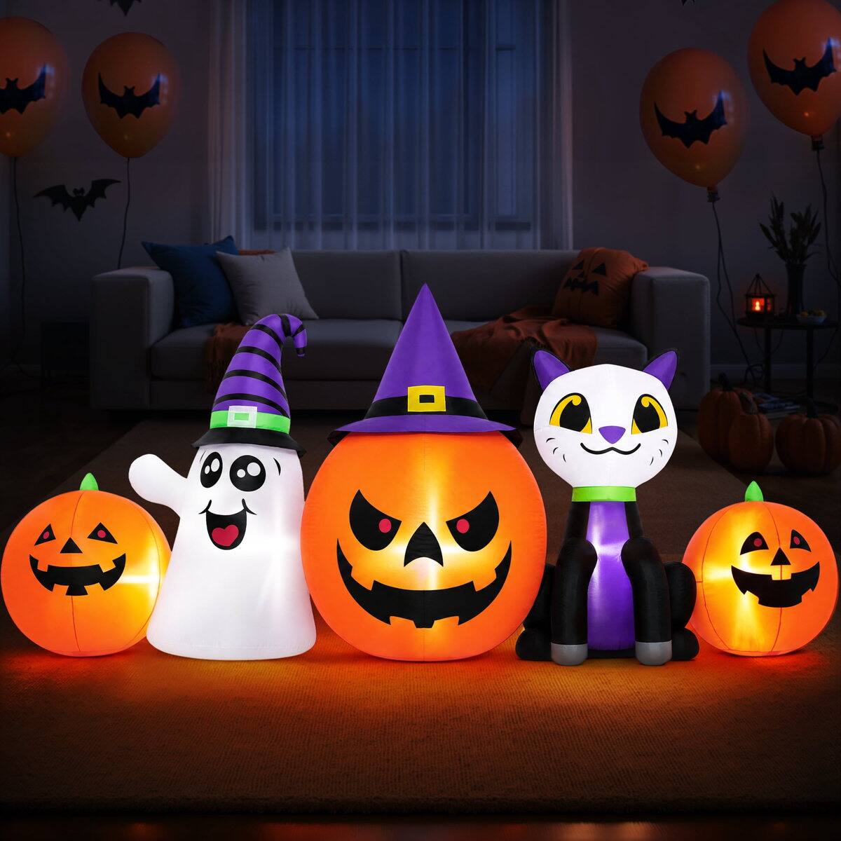 Back. Wisairt - 8ft Inflatable Pumpkin Ghost Cat with LED Lights - Outdoor Decor - Green|White|Red.